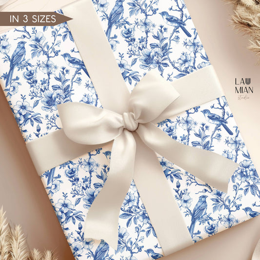 Blue Chinoiserie Wrapping Paper Blue Floral Toile Gift Wrap Roll Blue White Bird Present Wrap Baby Shower Wedding Gift Wrap Bridal Shower - LAUMIANstudio