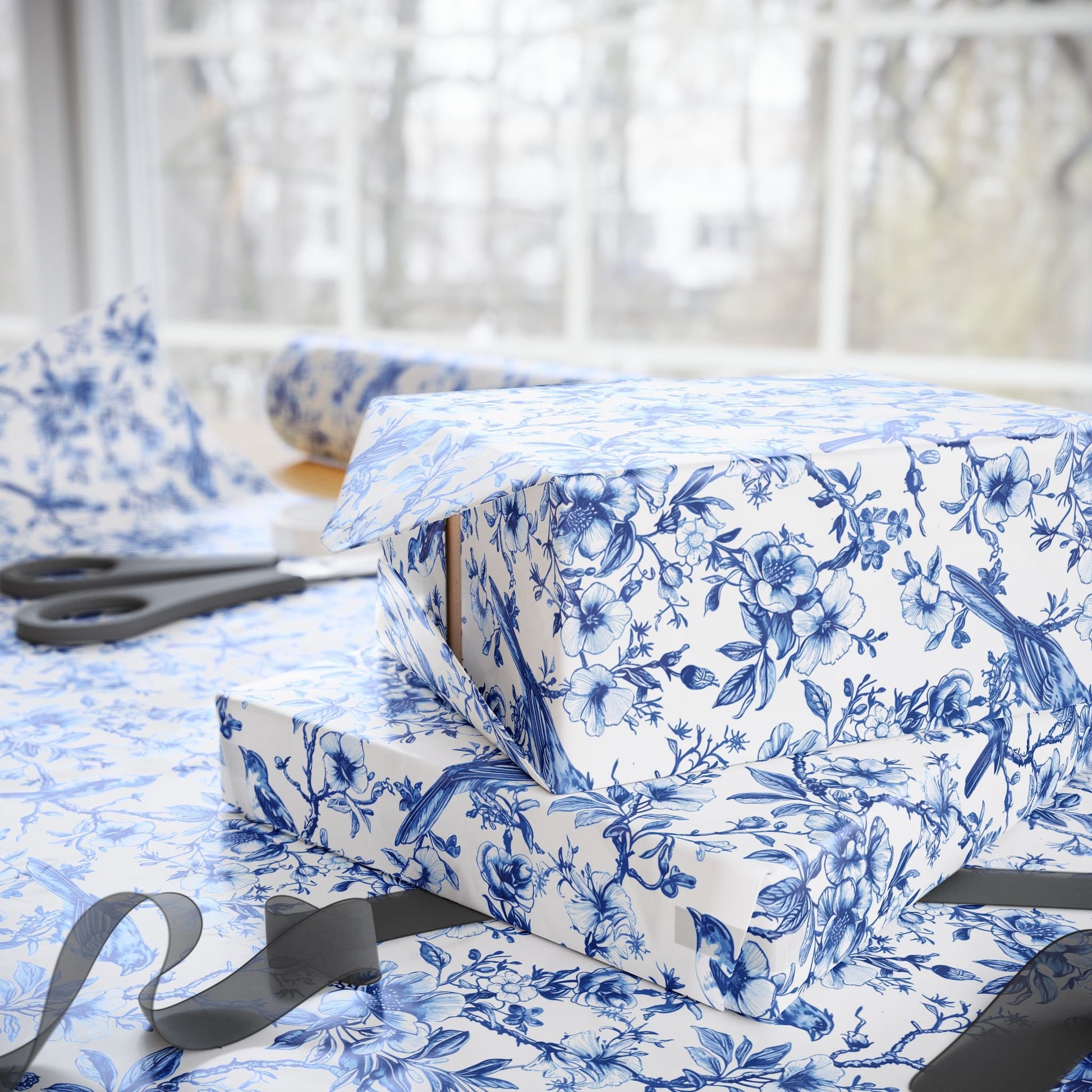 Blue Chinoiserie Wrapping Paper Blue Floral Toile Gift Wrap Roll Blue White Bird Present Wrap Baby Shower Wedding Gift Wrap Bridal Shower - LAUMIANstudio