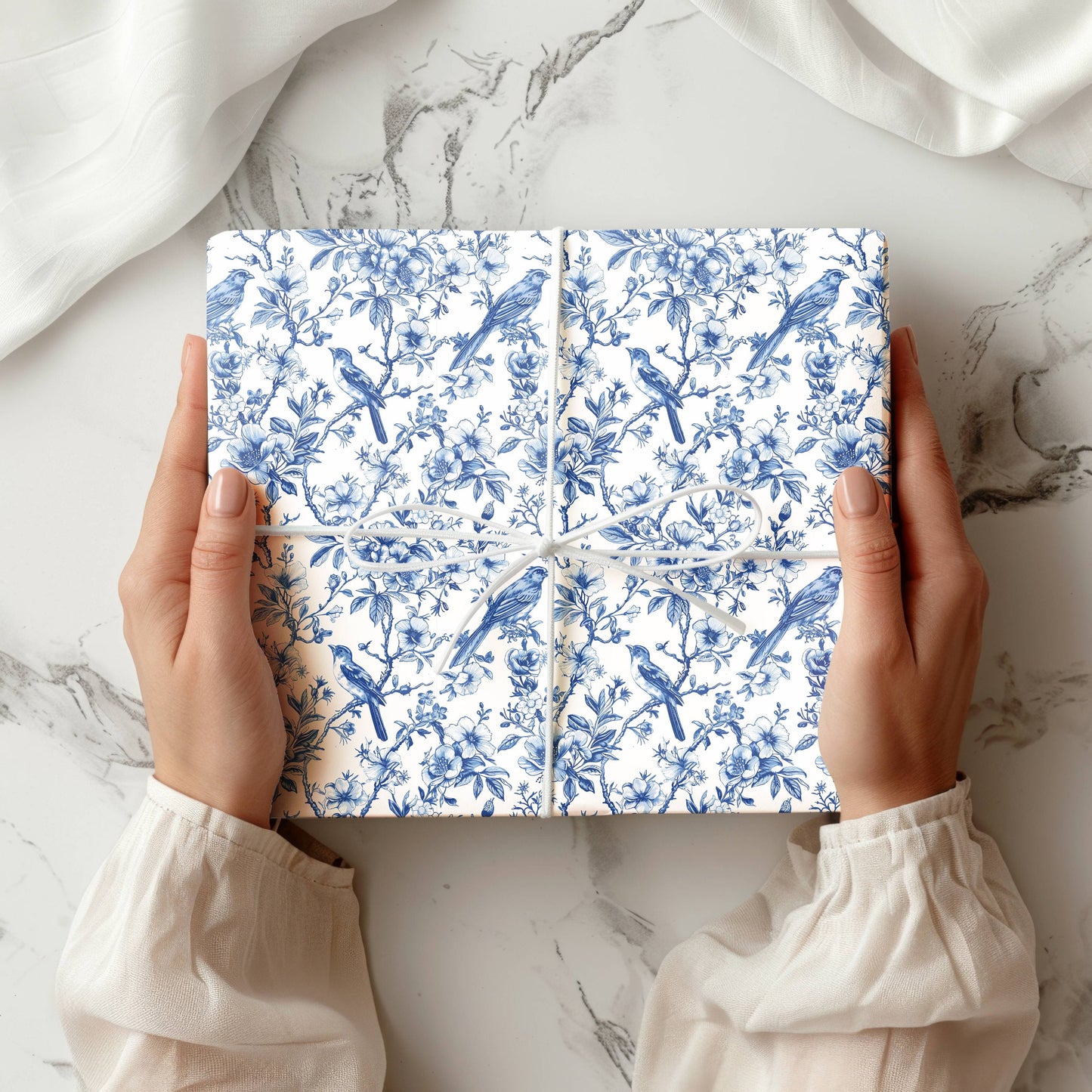 Blue Chinoiserie Wrapping Paper Blue Floral Toile Gift Wrap Roll Blue White Bird Present Wrap Baby Shower Wedding Gift Wrap Bridal Shower - LAUMIANstudio