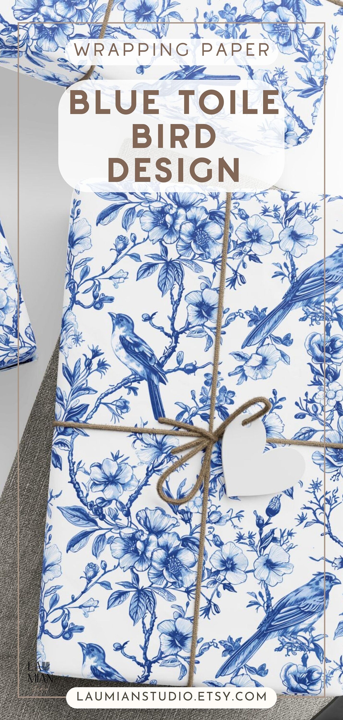 Blue Chinoiserie Wrapping Paper Blue Floral Toile Gift Wrap Roll Blue White Bird Present Wrap Baby Shower Wedding Gift Wrap Bridal Shower - LAUMIANstudio