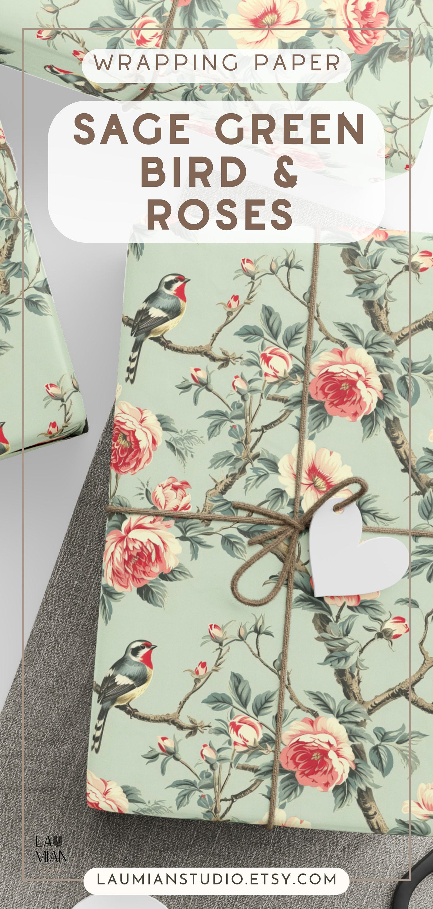 Floral Wrapping Paper Roll with Bird Gift Wrap: Sage Green, Flowers, Birthday, Wedding - LAUMIANstudio