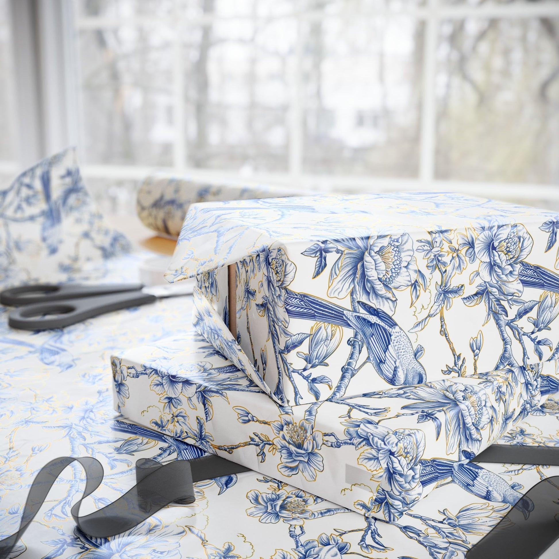 Elegant Chinoiserie Wrapping Paper Luxury Blue Gold Chinoiserie Gift Wrap Wedding Something Blue Present Wrap Paper Roll Luxury Wedding Wrap - LAUMIANstudio