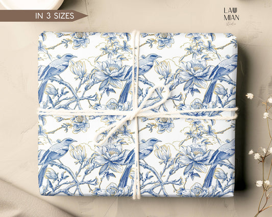 Elegant Chinoiserie Wrapping Paper Luxury Blue Gold Chinoiserie Gift Wrap Wedding Something Blue Present Wrap Paper Roll Luxury Wedding Wrap - LAUMIANstudio