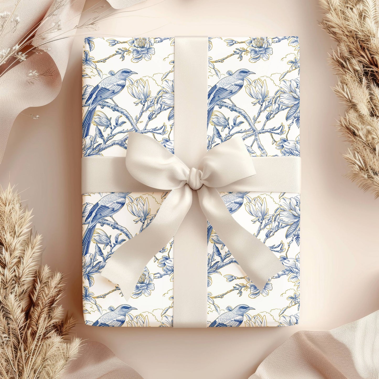 Elegant Chinoiserie Wrapping Paper Luxury Blue Gold Chinoiserie Gift Wrap Wedding Something Blue Present Wrap Paper Roll Luxury Wedding Wrap - LAUMIANstudio