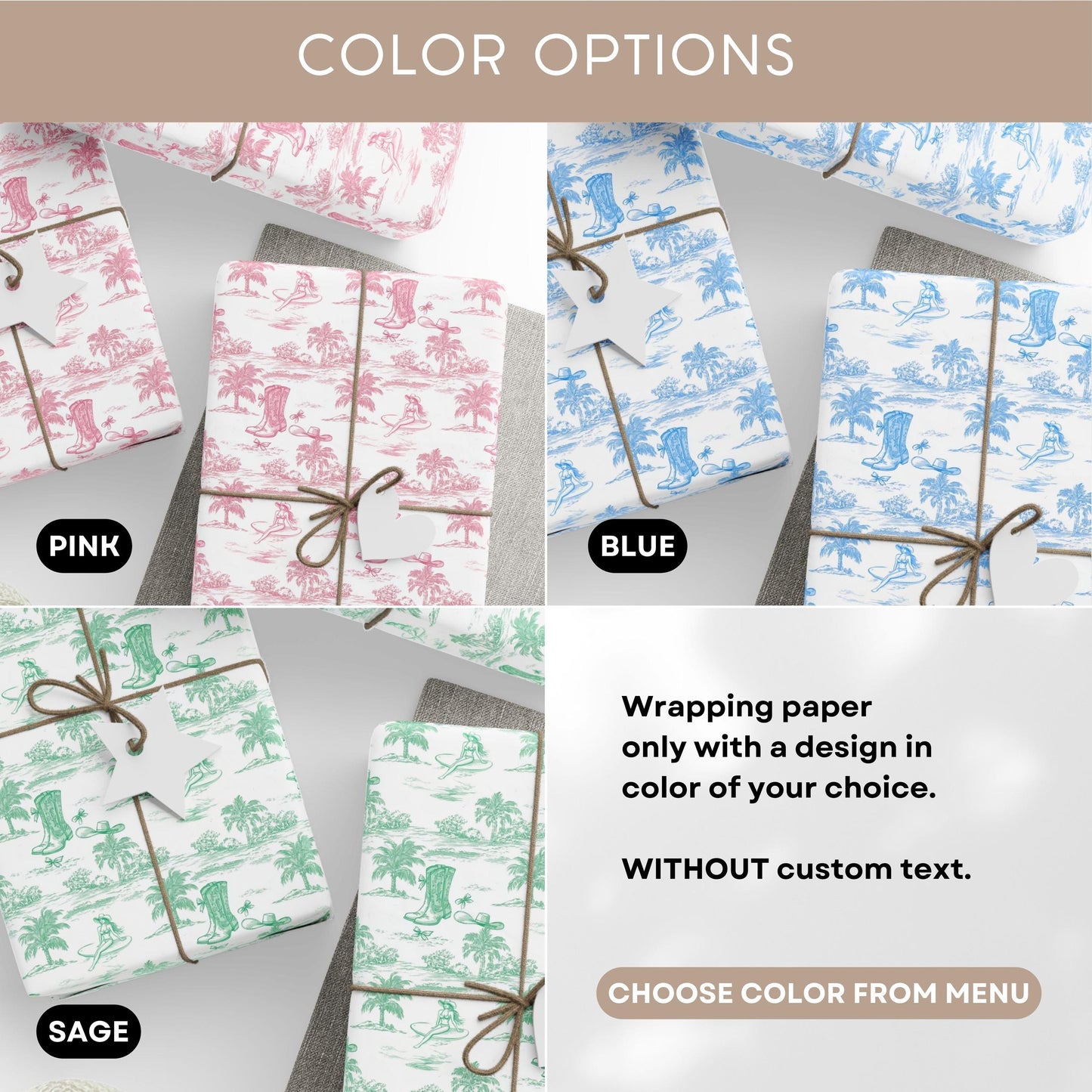 Coastal Cowgirl Toile Wrapping Paper Western Aesthetic Gift Wrap Coastal Bachelorette Party Gift Wrapping Roll Cowgirl Pink Gift Packaging - LAUMIANstudio