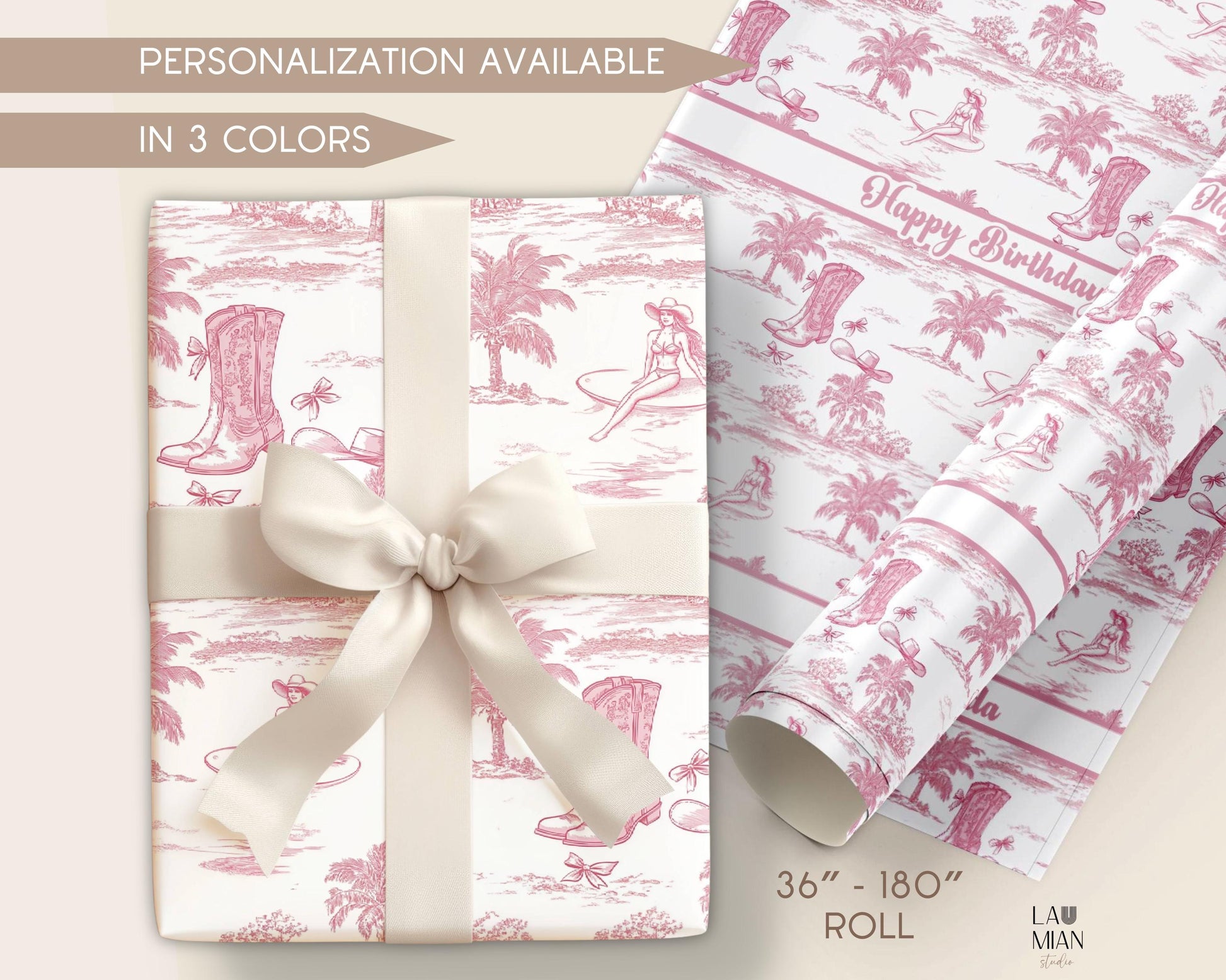 Coastal Cowgirl Toile Wrapping Paper Western Aesthetic Gift Wrap Coastal Bachelorette Party Gift Wrapping Roll Cowgirl Pink Gift Packaging - LAUMIANstudio