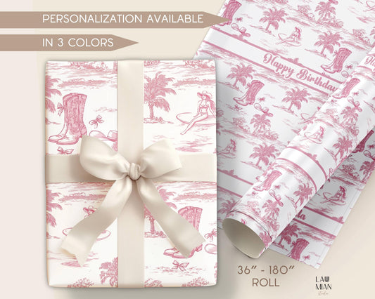 Coastal Cowgirl Toile Wrapping Paper Western Aesthetic Gift Wrap Coastal Bachelorette Party Gift Wrapping Roll Cowgirl Pink Gift Packaging - LAUMIANstudio