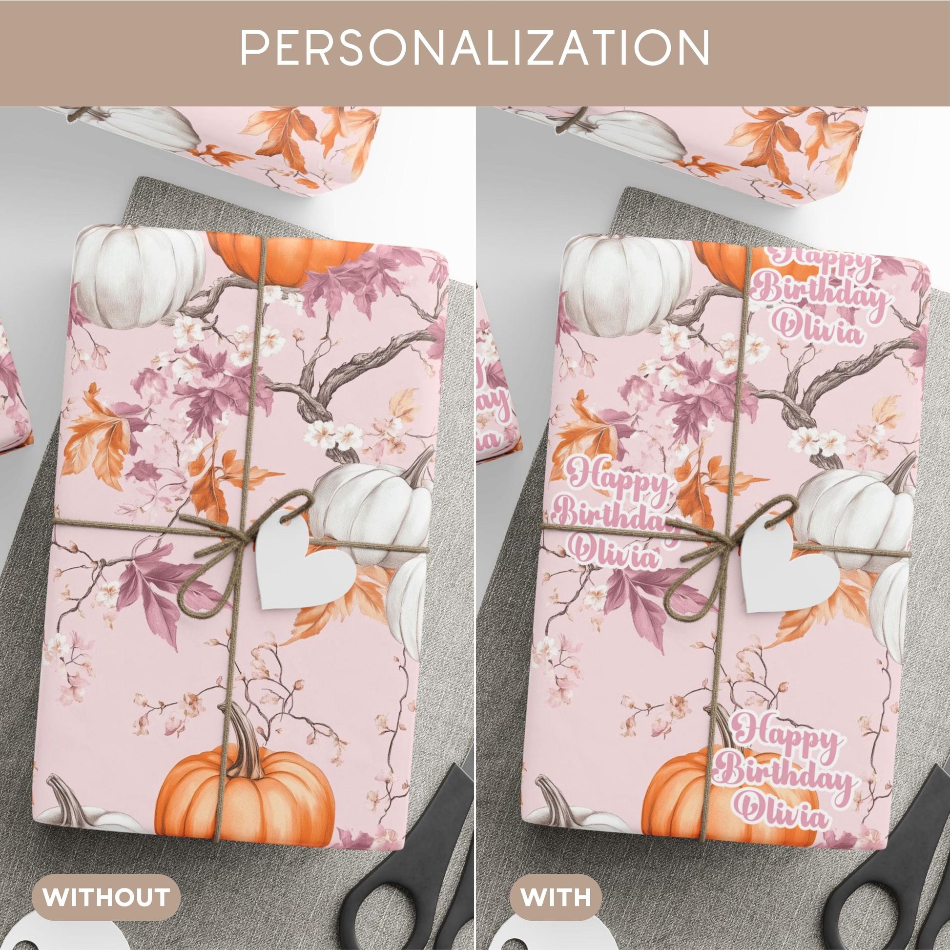 Personalizable Pinoween Gift Wrap Pink Pumpkin Wrapping Paper Autumn Birthday Party Present Wrapping Paper Roll Niece Sister Grandma Friend - LAUMIANstudio
