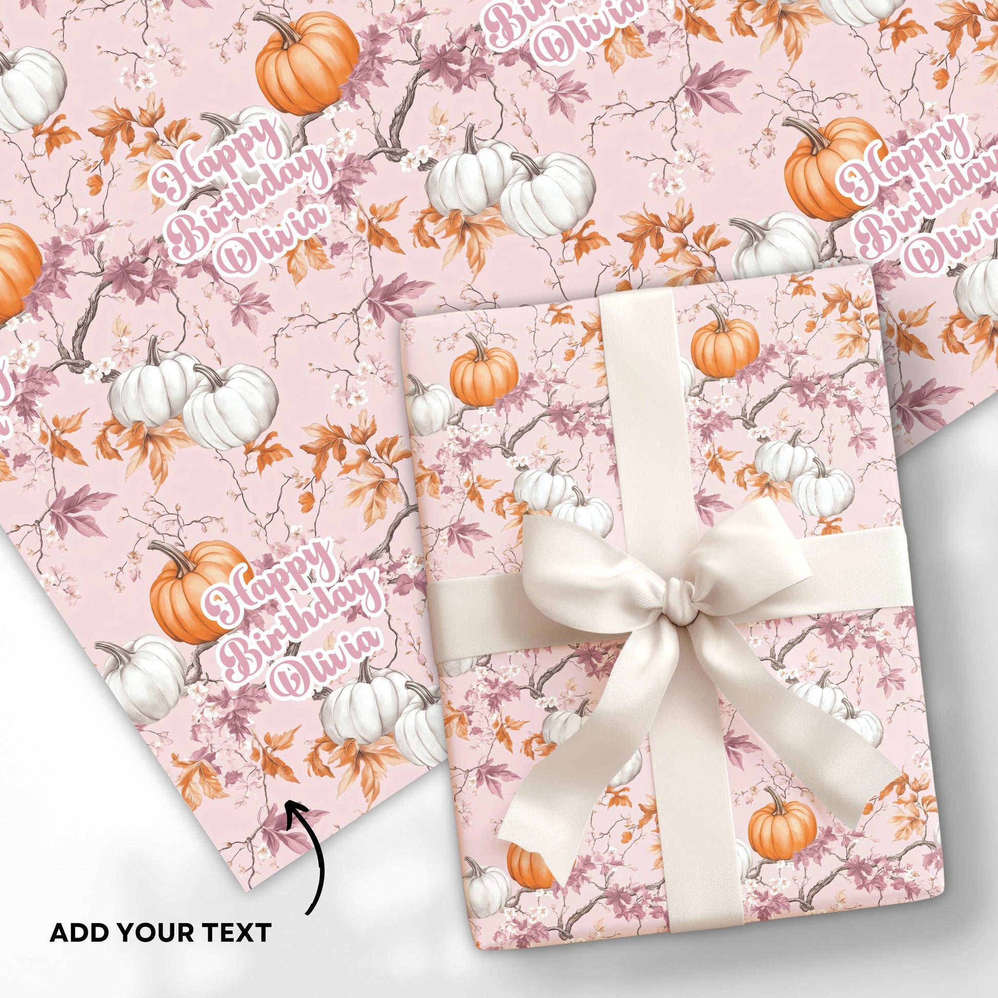 Personalizable Pinoween Gift Wrap Pink Pumpkin Wrapping Paper Autumn Birthday Party Present Wrapping Paper Roll Niece Sister Grandma Friend - LAUMIANstudio