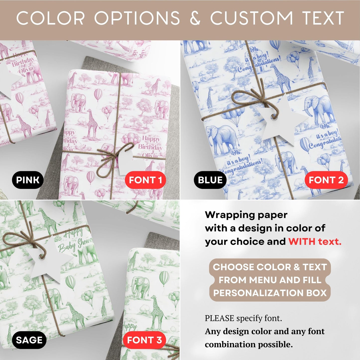 Gender Reveal Gift Wrapping Paper Neutral Baby Shower Gift Wrap Toile Sage Wrapping Paper Nature Animal Gift Wrap Safari Birthday Party - LAUMIANstudio