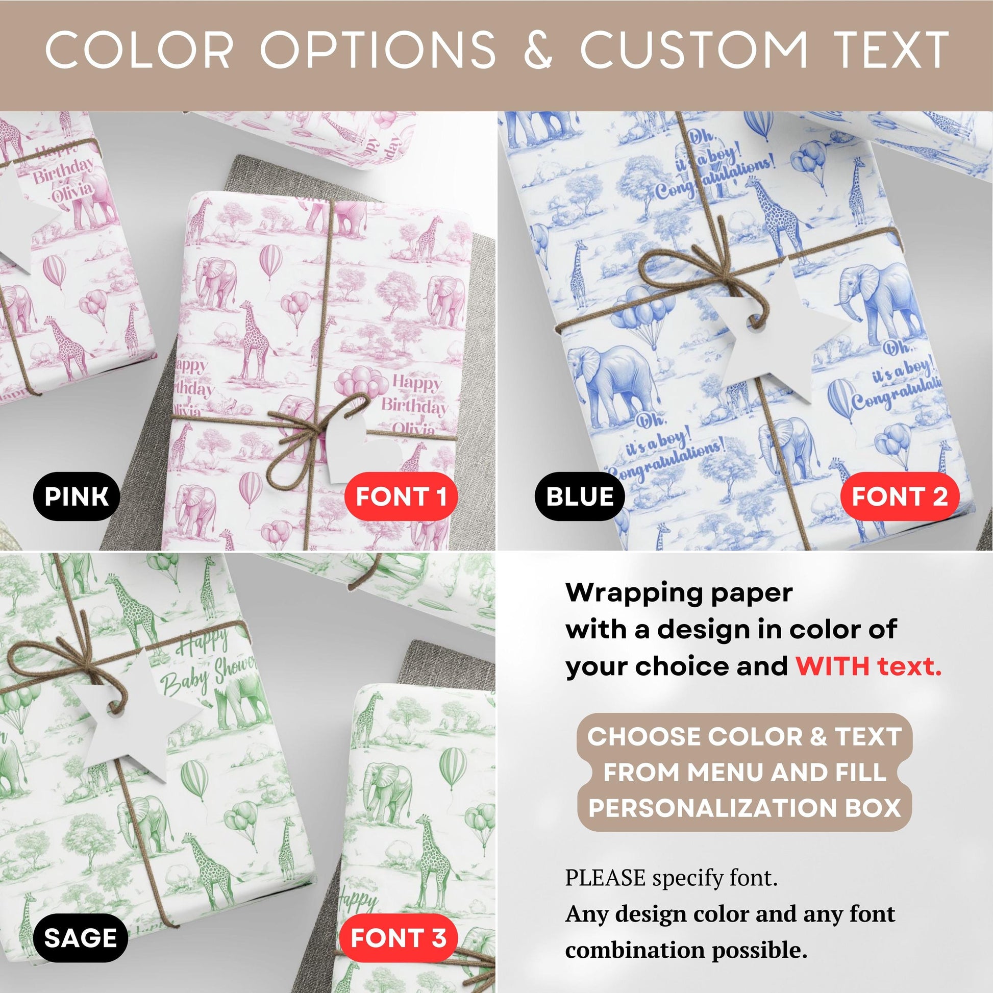Baby Shower Gift Wrapping Paper Toile de Jouy Safari Gift Wrap Blue Toile Wrapping Paper Animal Safari Gift Wrap Baby Boy Gift Packaging - LAUMIANstudio