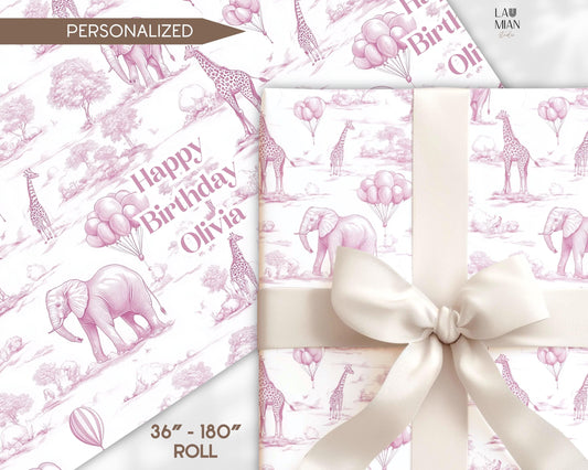 Pink Baby Girl Wrapping Paper 1st Birthday Pink Gift Wrap Ballon Toile Wrapping Paper Baptism Gift Wrap Newborn Girl Pink Safari Packaging - LAUMIANstudio