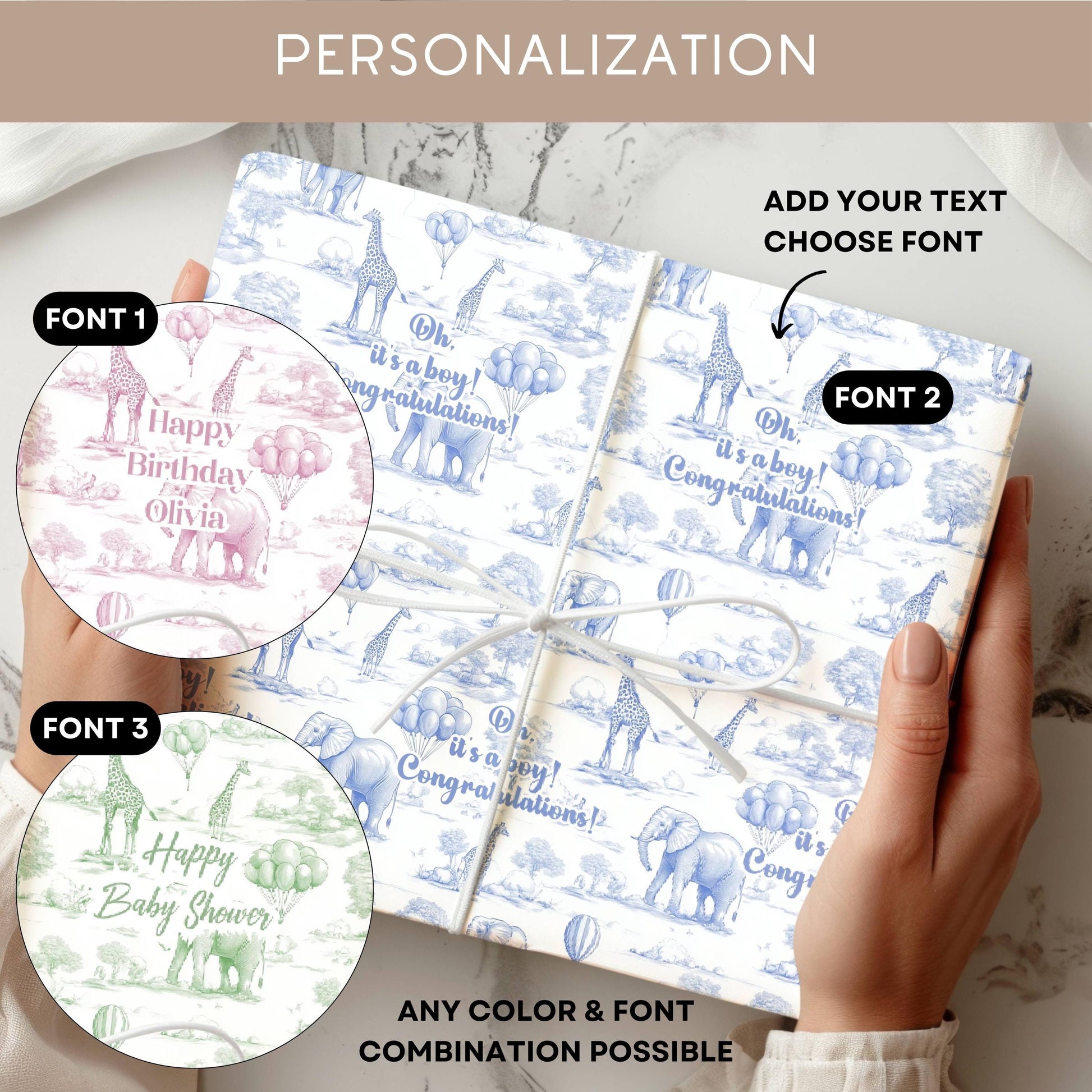 Pink Baby Girl Wrapping Paper 1st Birthday Pink Gift Wrap Ballon Toile Wrapping Paper Baptism Gift Wrap Newborn Girl Pink Safari Packaging - LAUMIANstudio