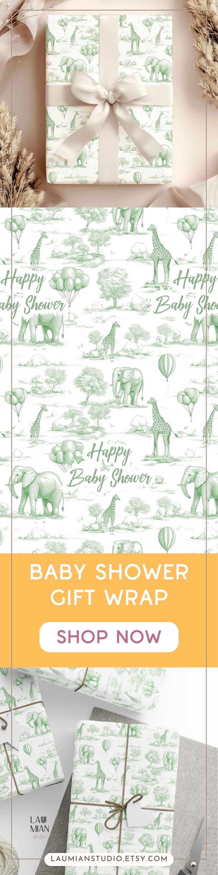 Gender Reveal Gift Wrapping Paper Neutral Baby Shower Gift Wrap Toile Sage Wrapping Paper Nature Animal Gift Wrap Safari Birthday Party - LAUMIANstudio