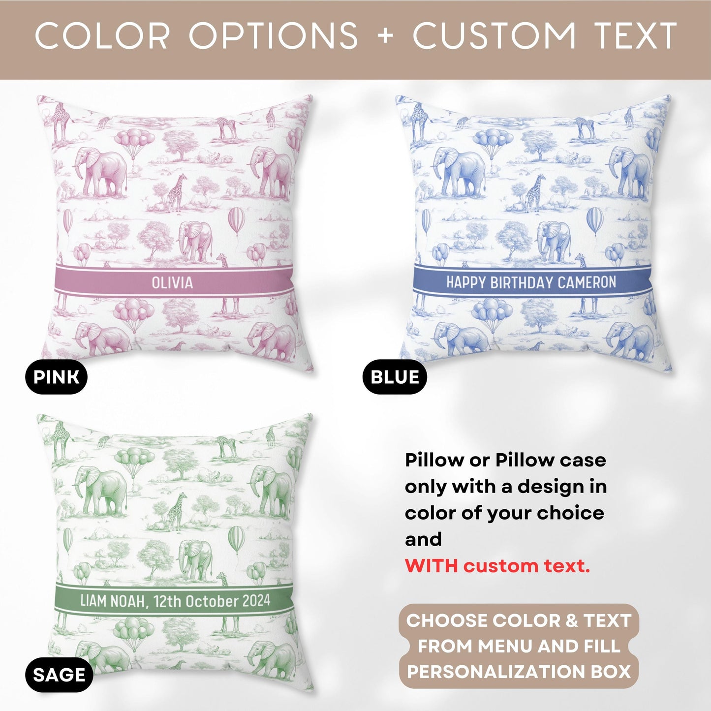 Toile Art Pillow Cover Nursery Safari Pillow Custom Baby Shower Gift Luxury Cushion Cover Elephant Chinoiserie Pillow Kid Toile de Jouy Case - LAUMIANstudio