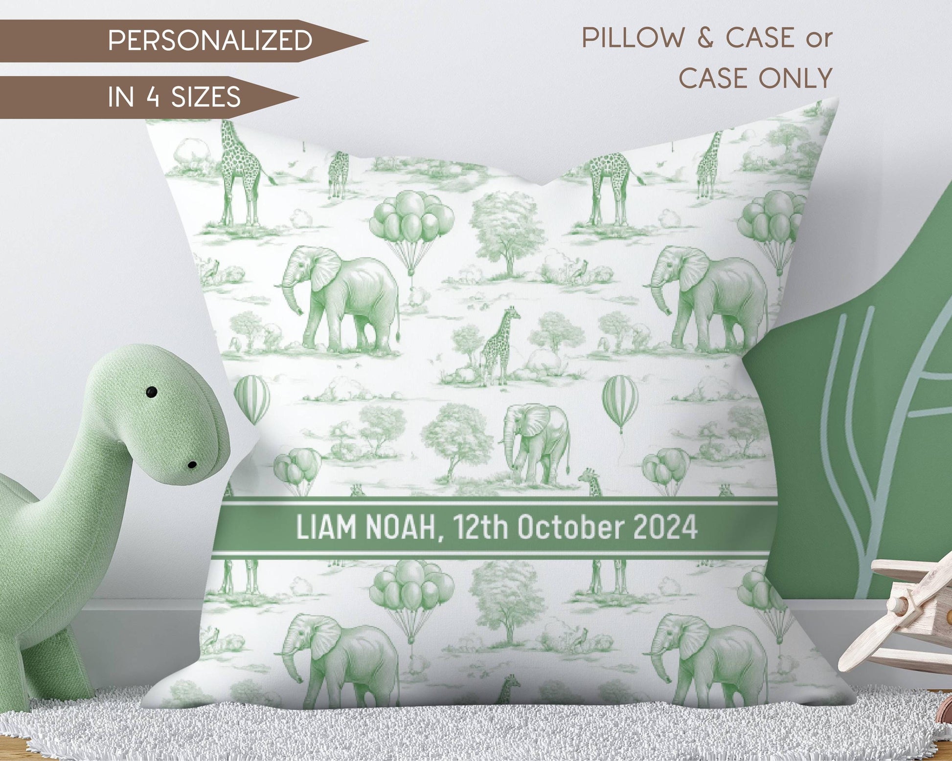 Green Safari Toile Pillow Personalized Square Nursery Pillowcase Chinoiserie Style Toile de Jouy Animal Baby Shower - LAUMIANstudio