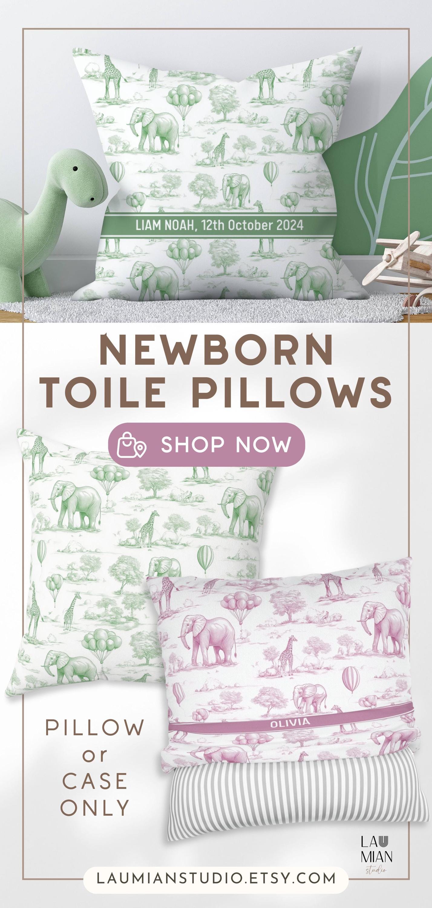 Green Safari Toile Pillow Personalized Square Nursery Pillowcase Chinoiserie Style Toile de Jouy Animal Baby Shower - LAUMIANstudio