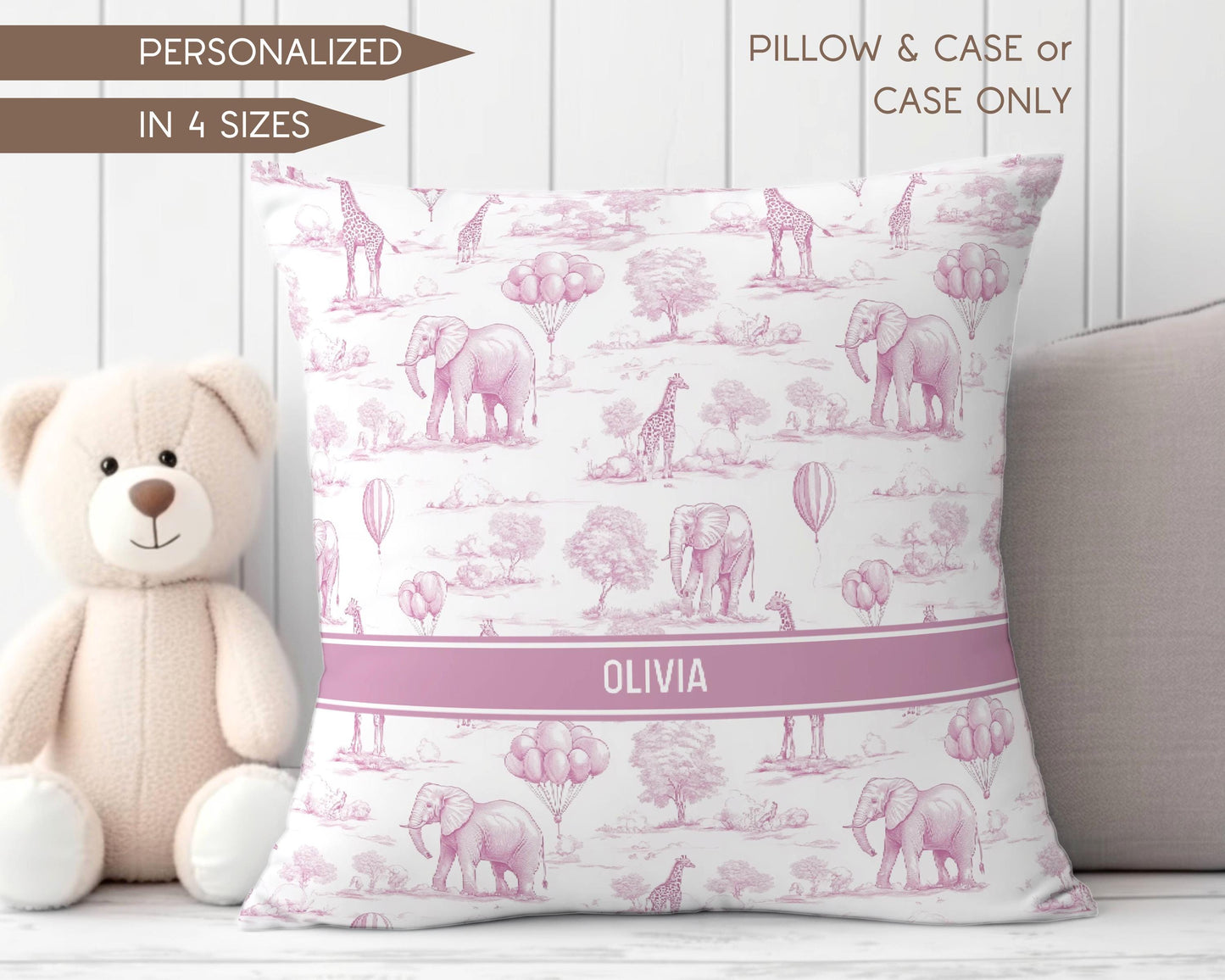 Pink Safari Nursery Decor Pink Toile Pillow Baby Shower Gift Baby Girl Room Decor Toile Animal Throw Pillow Case Baby Girl Newborn Gift - LAUMIANstudio