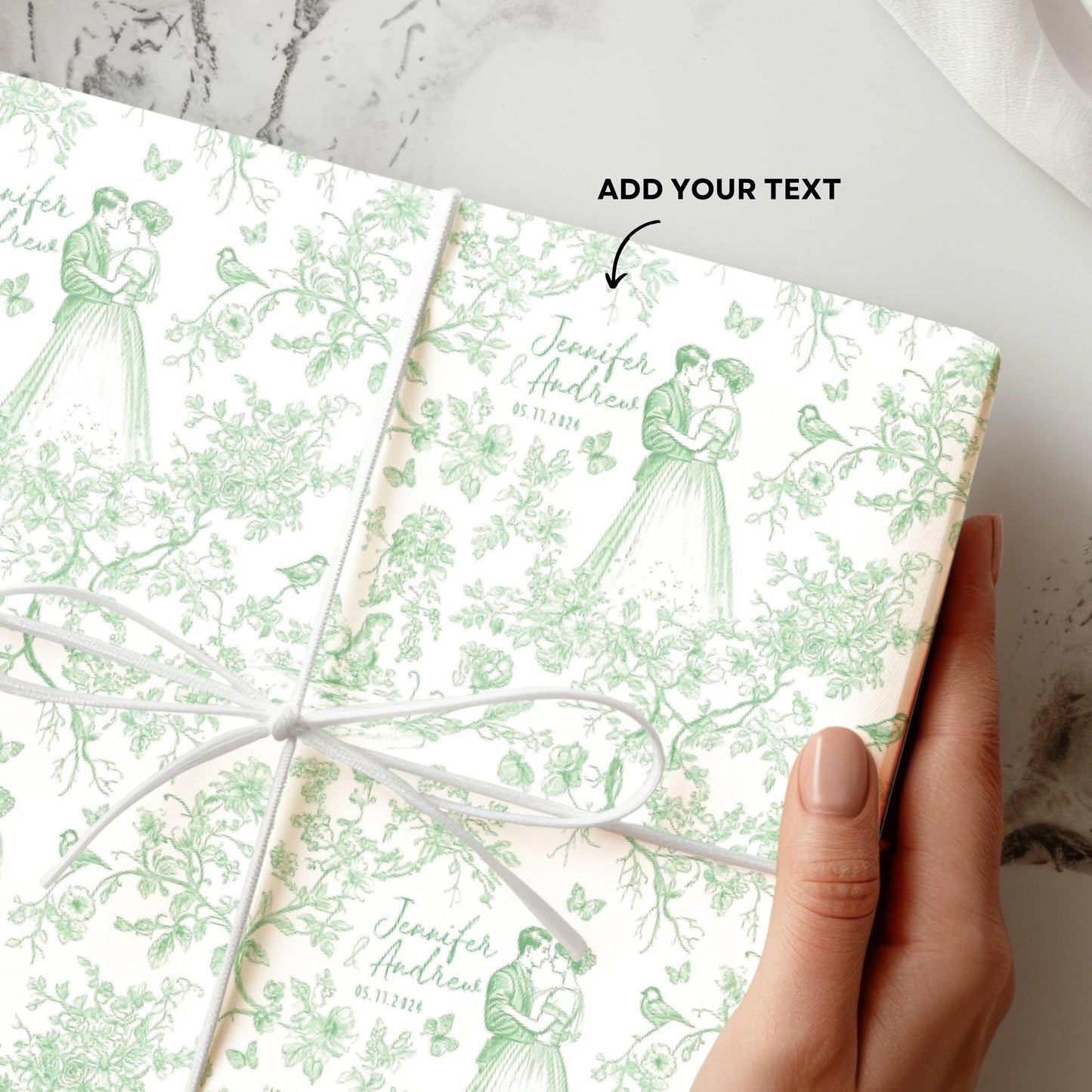 Personalized Wedding Wrapping Paper Toile Sage Green Gift Wrap Mr and Mrs Name Wrapping Paper Roll Wedding Date Gift Wrap Chinoiserie Floral - LAUMIANstudio