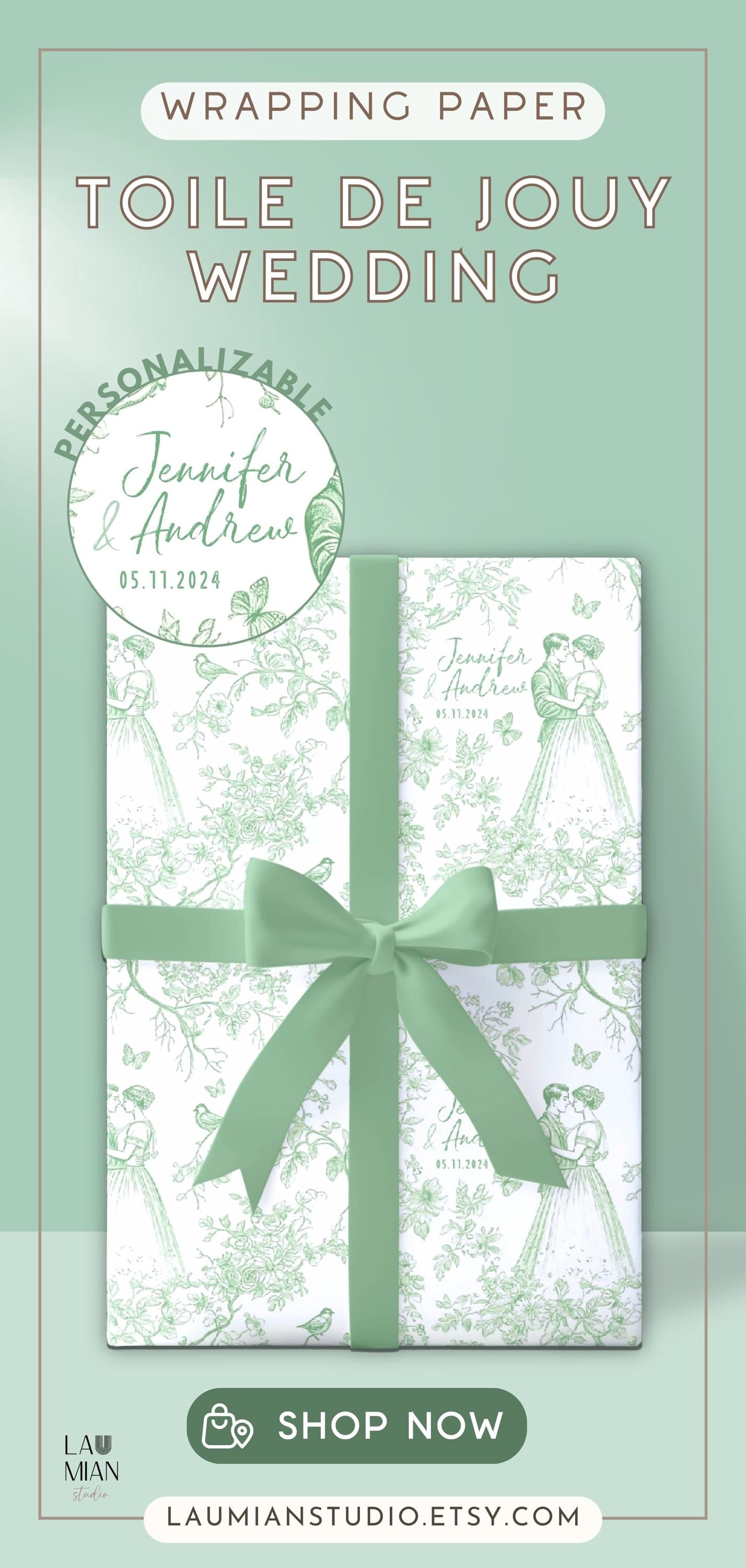Personalized Wedding Wrapping Paper Toile Sage Green Gift Wrap Mr and Mrs Name Wrapping Paper Roll Wedding Date Gift Wrap Chinoiserie Floral - LAUMIANstudio
