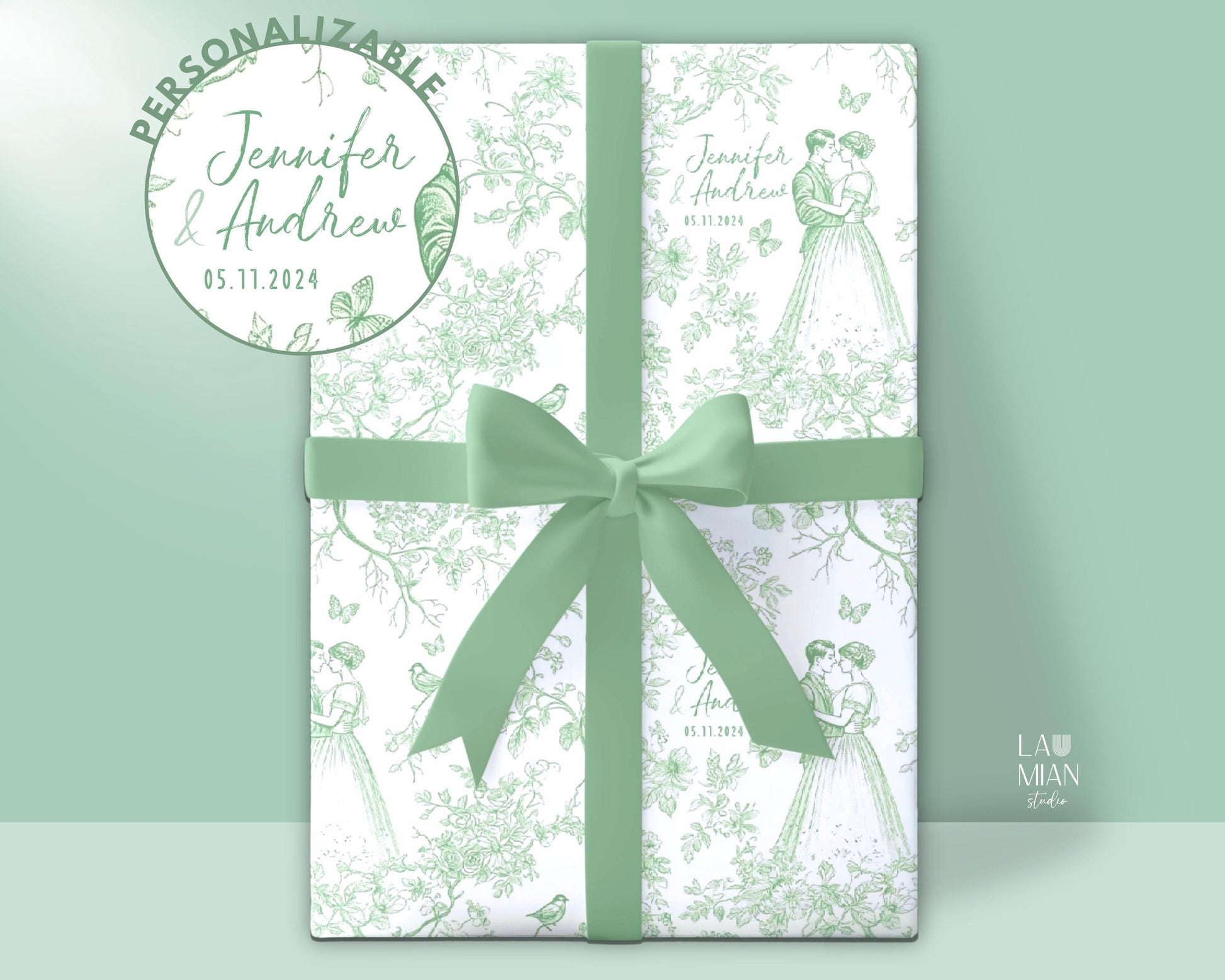 Personalized Wedding Wrapping Paper Toile Sage Green Gift Wrap Mr and Mrs Name Wrapping Paper Roll Wedding Date Gift Wrap Chinoiserie Floral - LAUMIANstudio