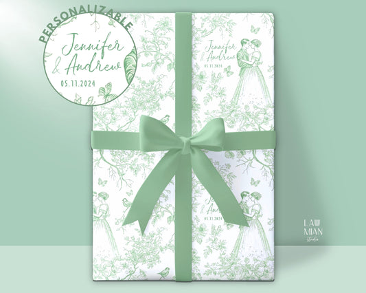 Personalized Wedding Wrapping Paper Toile Sage Green Gift Wrap Mr and Mrs Name Wrapping Paper Roll Wedding Date Gift Wrap Chinoiserie Floral - LAUMIANstudio