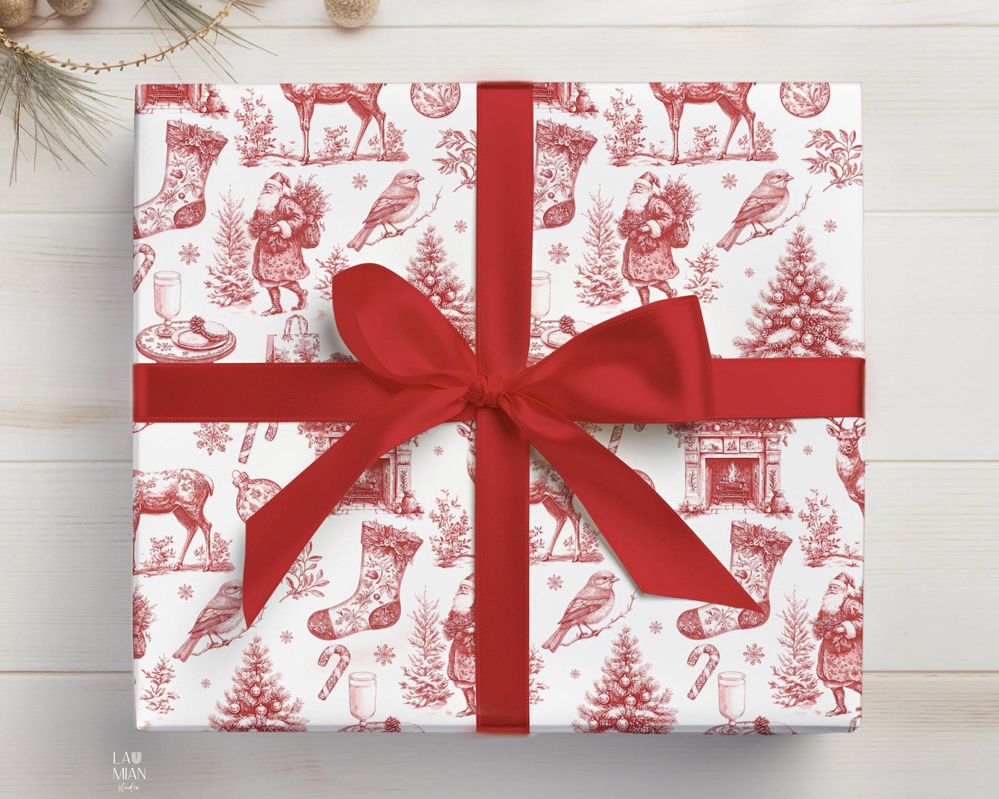 Red Christmas Toile Wrapping Paper Red Christmas Gift Wrap Classic Christmas French Toile Wrapping Paper Vintage Holiday Wrapping Paper - LAUMIANstudio