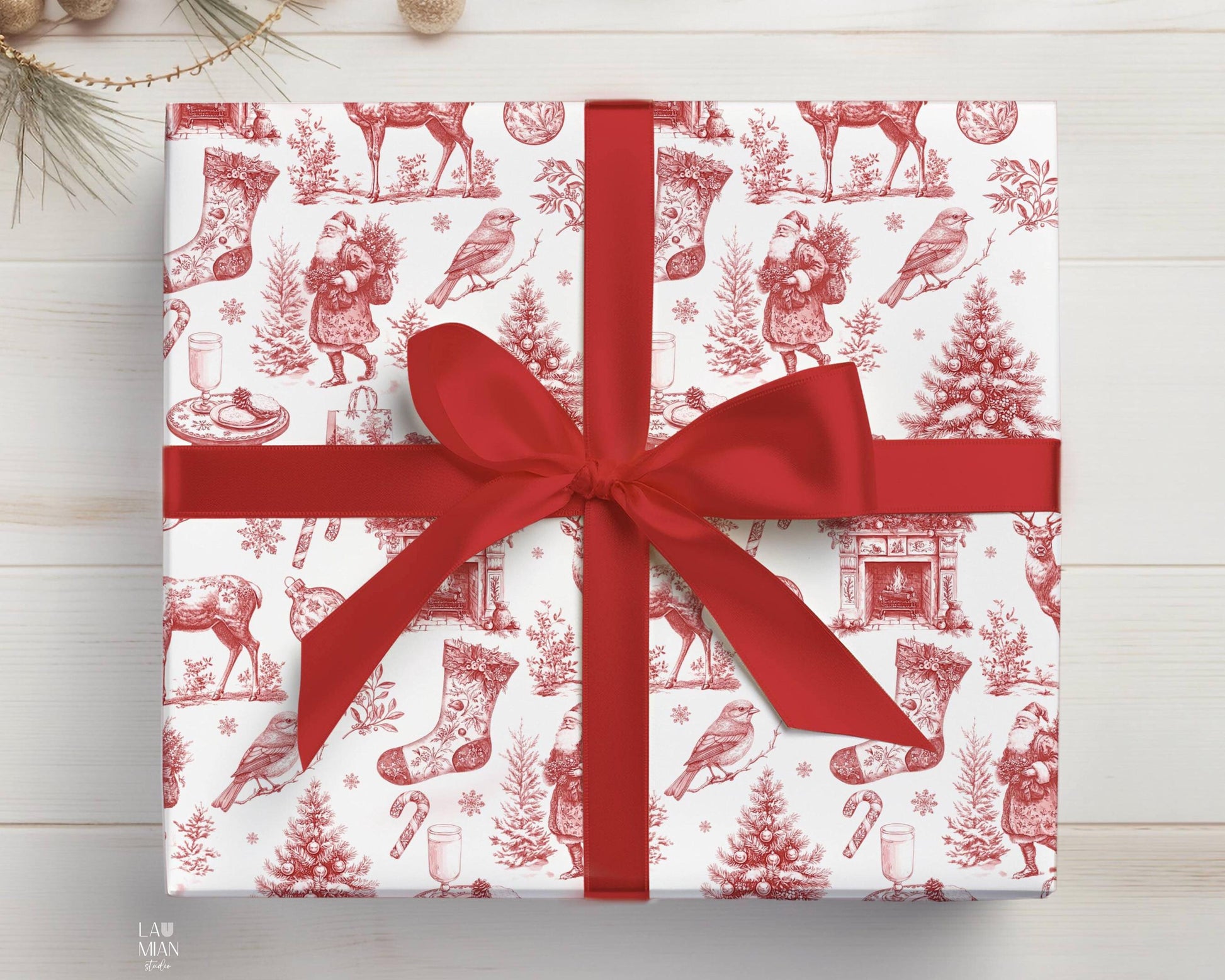 Red Christmas Toile Wrapping Paper Red Christmas Gift Wrap Classic Christmas French Toile Wrapping Paper Vintage Holiday Wrapping Paper - LAUMIANstudio