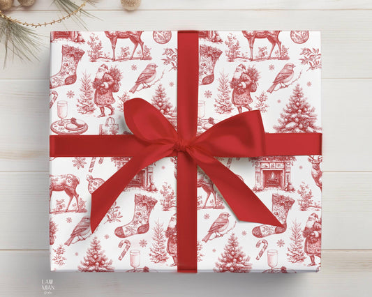 Red Christmas Toile Wrapping Paper Red Christmas Gift Wrap Classic Christmas French Toile Wrapping Paper Vintage Holiday Wrapping Paper - LAUMIANstudio