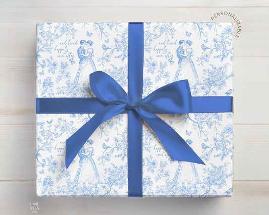 Bride and Groom Name Gift Wrap Happily Ever After Wrapping Paper Roll Blue Toile Floral Wedding Paper - LAUMIANstudio