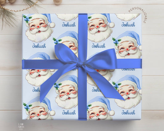 Custom Name Santa Wrapping Paper for Boy Blue Santa Claus Gift Wrap Roll Baby Boy Christmas Wrapping Paper Grandson Blue Xmas Wrap for Son - LAUMIANstudio