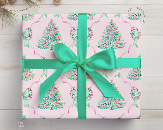 Christmas Tree Trellis Wrapping Paper Pink and Mint Gift Wrap Preppy Grand Millennial Wrapping Holiday Pick Wrap Coquette Xmas Gift Wrapping - LAUMIANstudio