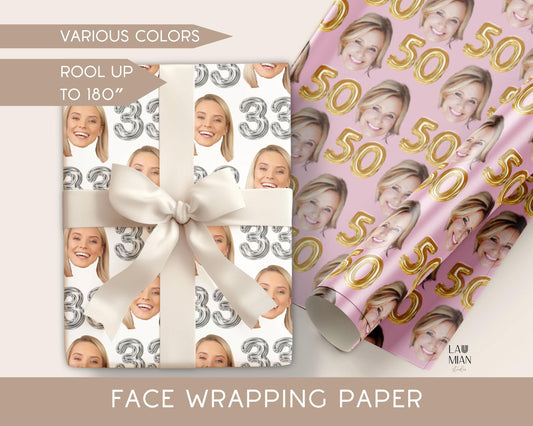 Custom Face Gift Wrapping Paper Girlfriend 30th Funny Birthday Wrapping Paper Roll Boyfriend Foil Ballon Number Gift Wrap Wife Hubby Friend - LAUMIANstudio