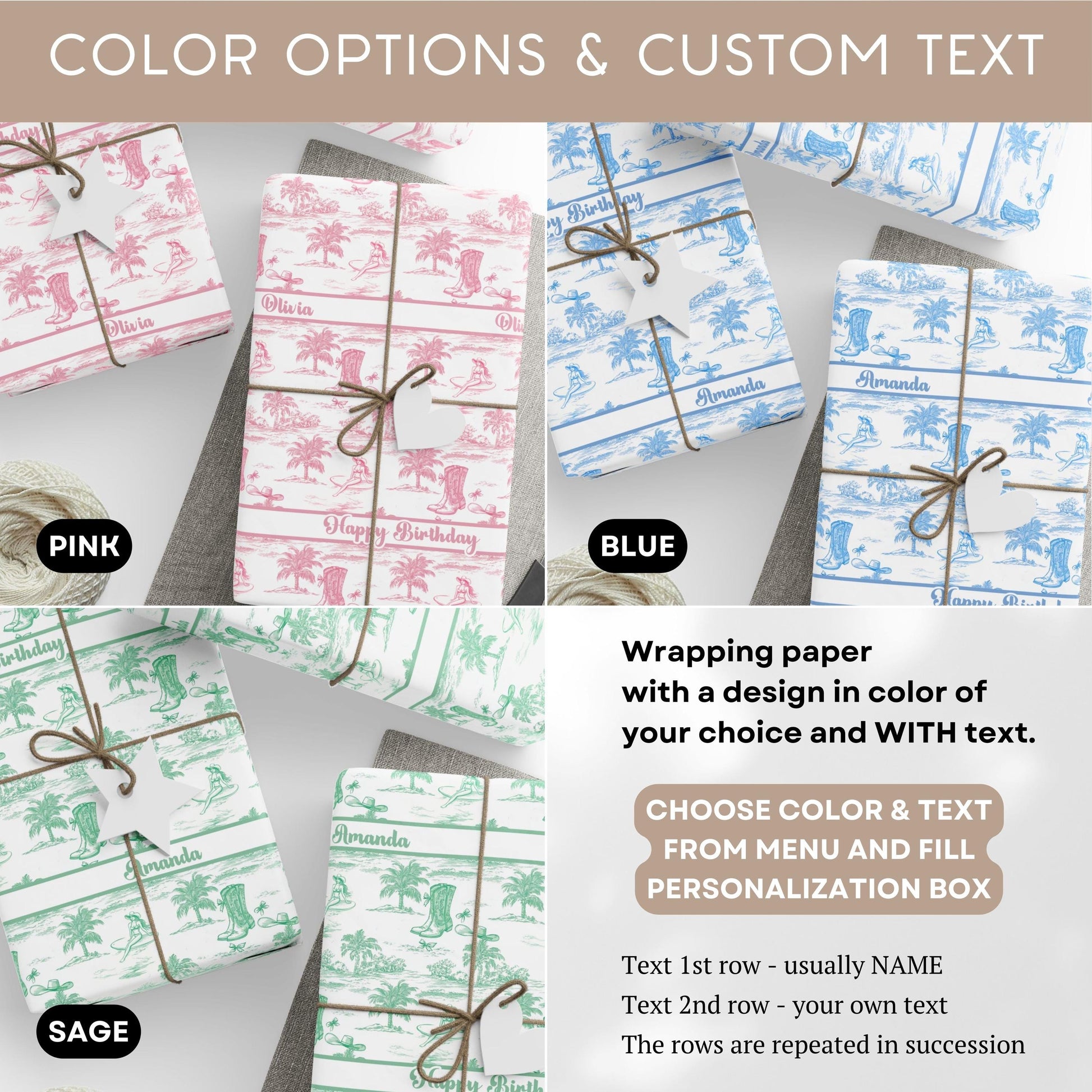 Coastal Cowgirl Toile Wrapping Paper Western Aesthetic Gift Wrap Coastal Bachelorette Party Gift Wrapping Roll Cowgirl Pink Gift Packaging - LAUMIANstudio