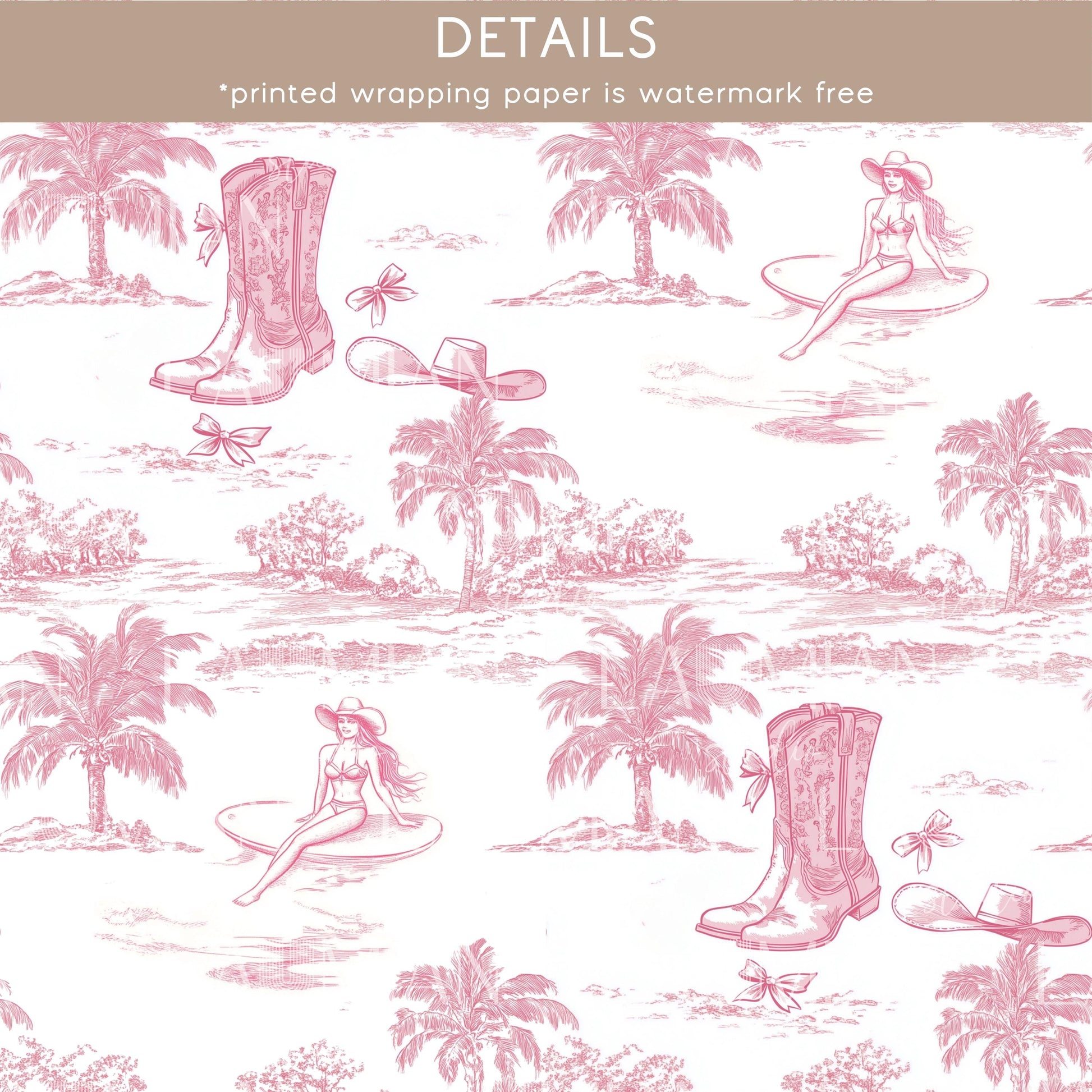 Coastal Cowgirl Toile Wrapping Paper Western Aesthetic Gift Wrap Coastal Bachelorette Party Gift Wrapping Roll Cowgirl Pink Gift Packaging - LAUMIANstudio