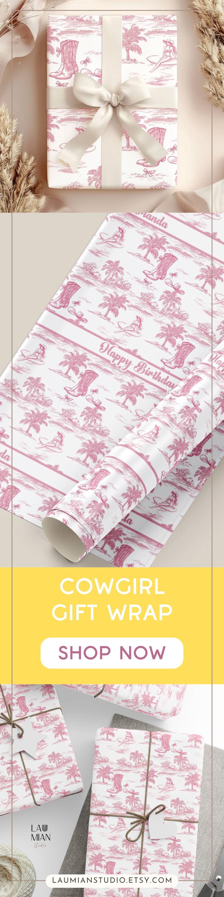 Coastal Cowgirl Toile Wrapping Paper Western Aesthetic Gift Wrap Coastal Bachelorette Party Gift Wrapping Roll Cowgirl Pink Gift Packaging - LAUMIANstudio