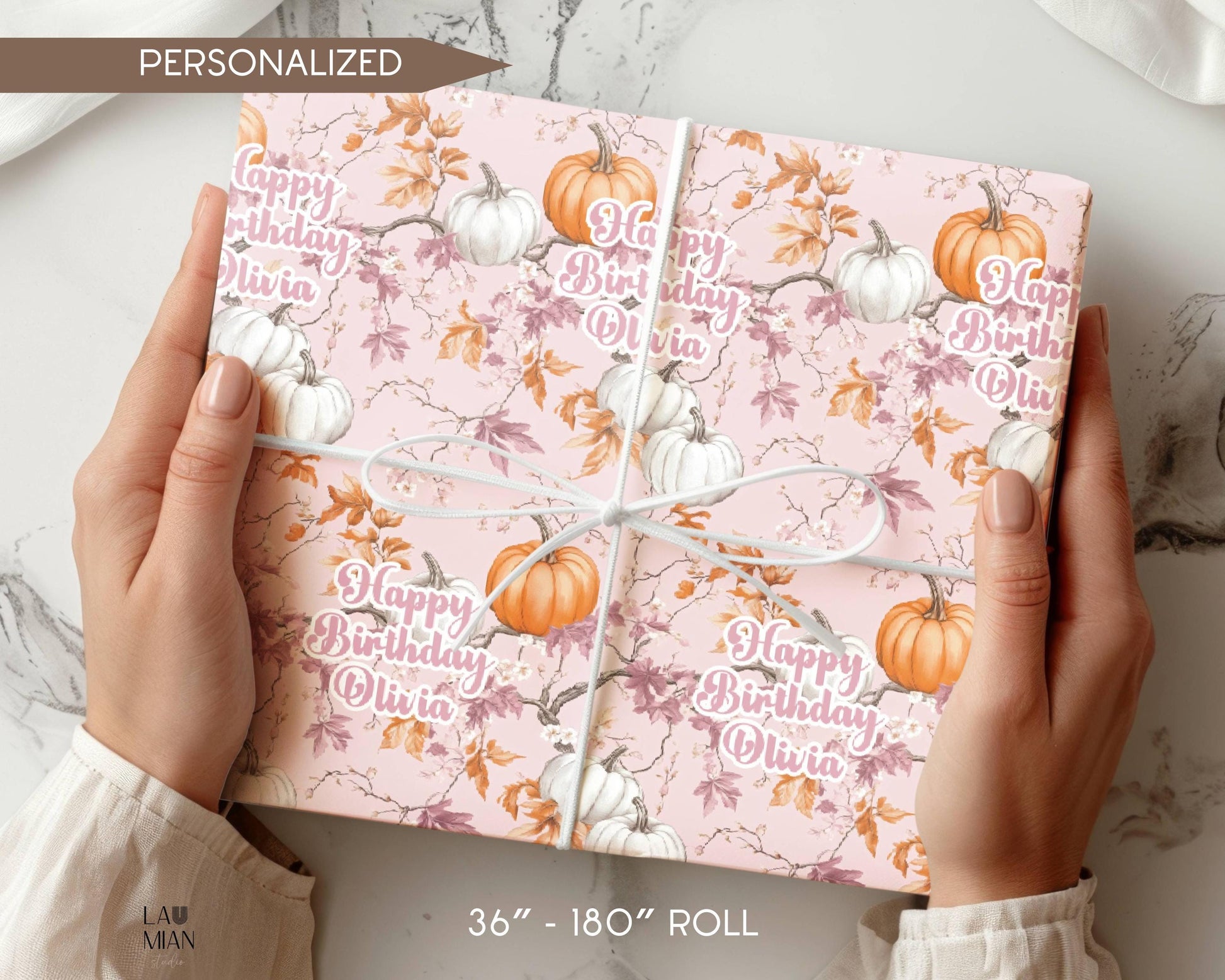 Personalizable Pinoween Gift Wrap Pink Pumpkin Wrapping Paper Autumn Birthday Party Present Wrapping Paper Roll Niece Sister Grandma Friend - LAUMIANstudio