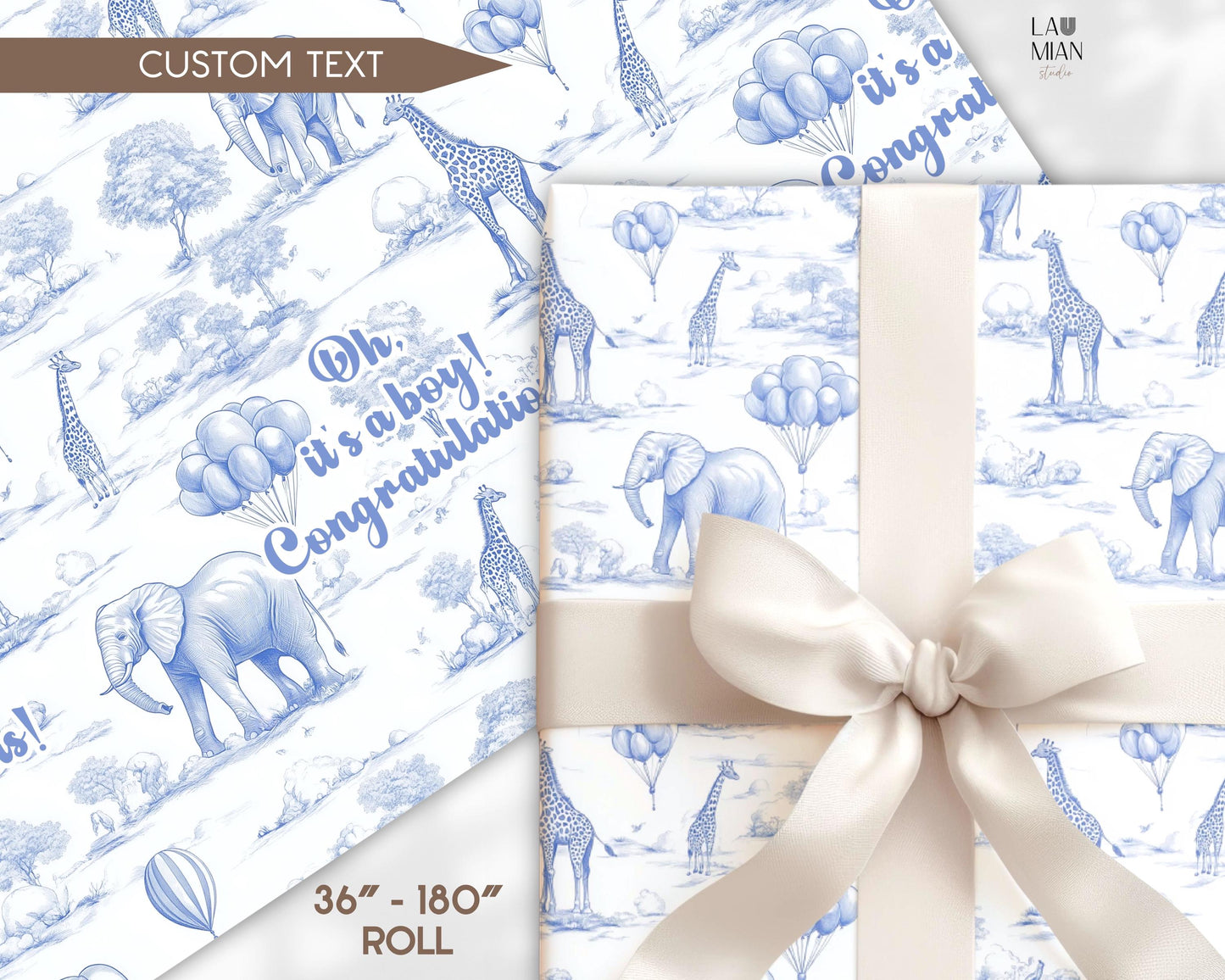 Baby Shower Gift Wrapping Paper Toile de Jouy Safari Gift Wrap Blue Toile Wrapping Paper Animal Safari Gift Wrap Baby Boy Gift Packaging - LAUMIANstudio