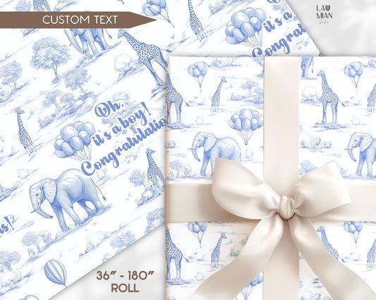 Baby Shower Gift Wrapping Paper Toile de Jouy Safari Gift Wrap Blue Toile Wrapping Paper Animal Safari Gift Wrap Baby Boy Gift Packaging - LAUMIANstudio