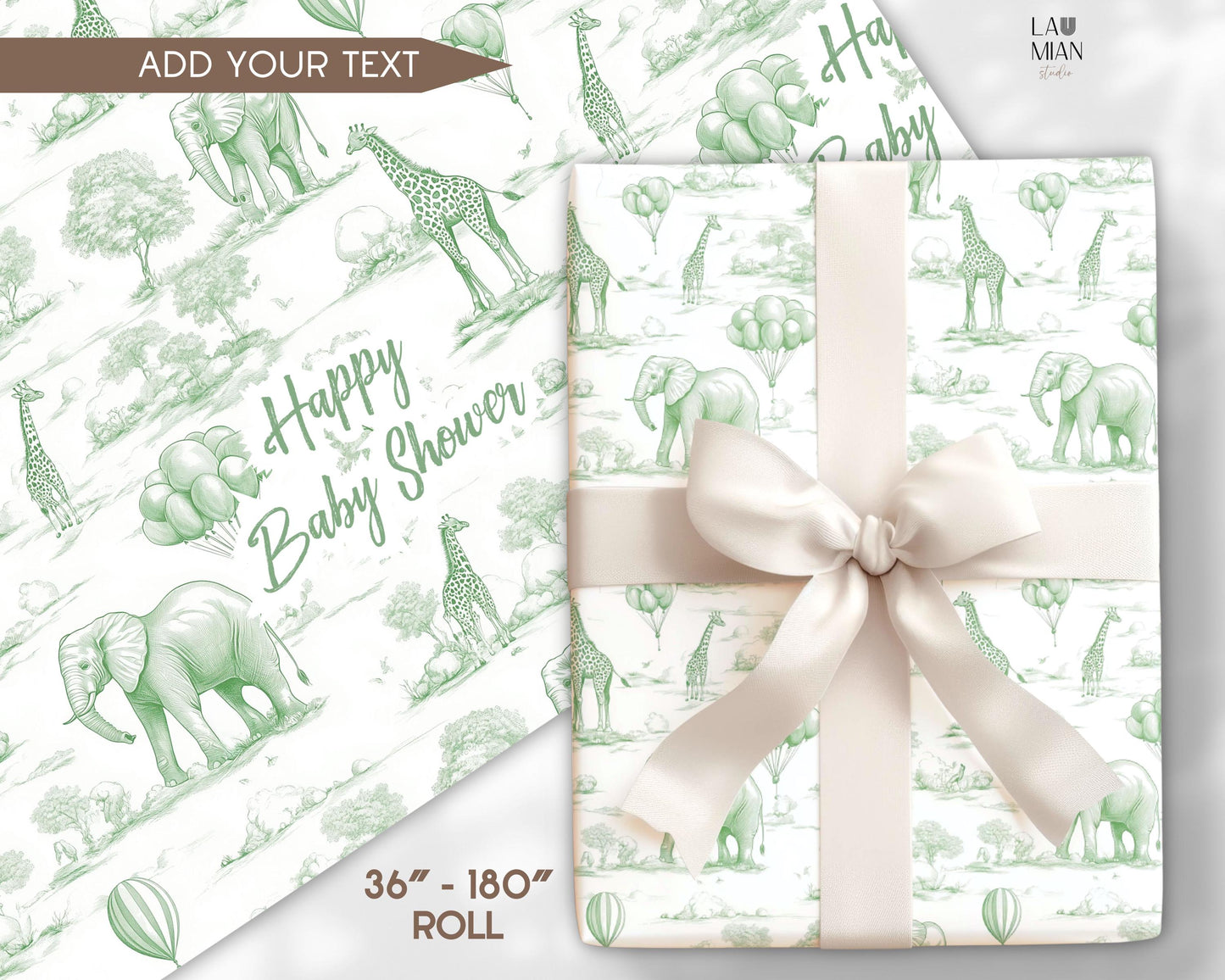 Gender Reveal Gift Wrapping Paper Neutral Baby Shower Gift Wrap Toile Sage Wrapping Paper Nature Animal Gift Wrap Safari Birthday Party - LAUMIANstudio