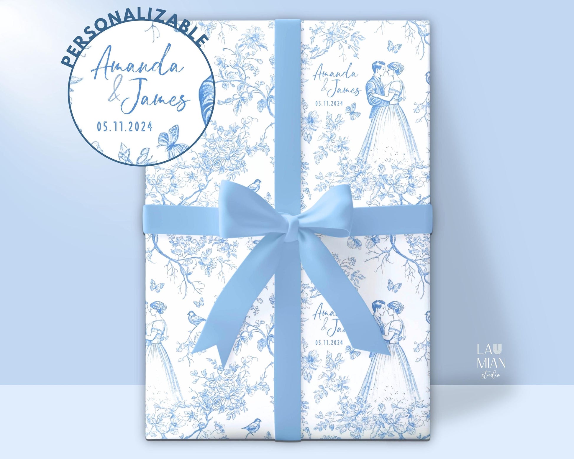 Blue Toile Wedding Gift Wrapping Paper Floral Wedding Gift Wrap Personalized Chinoiserie Wedding Gift Wrap French Blue Before I Do Gift Wrap - LAUMIANstudio