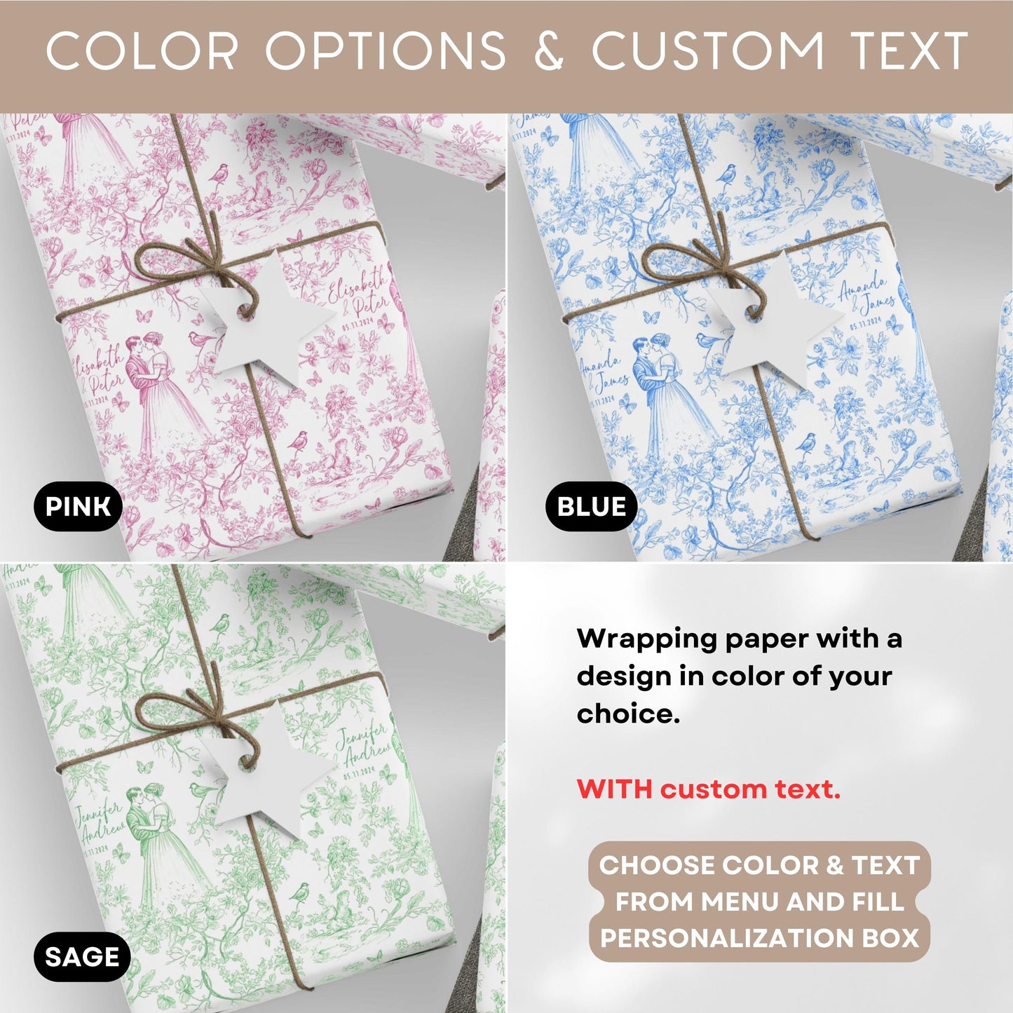 Personalized Wedding Wrapping Paper Toile Sage Green Gift Wrap Mr and Mrs Name Wrapping Paper Roll Wedding Date Gift Wrap Chinoiserie Floral - LAUMIANstudio
