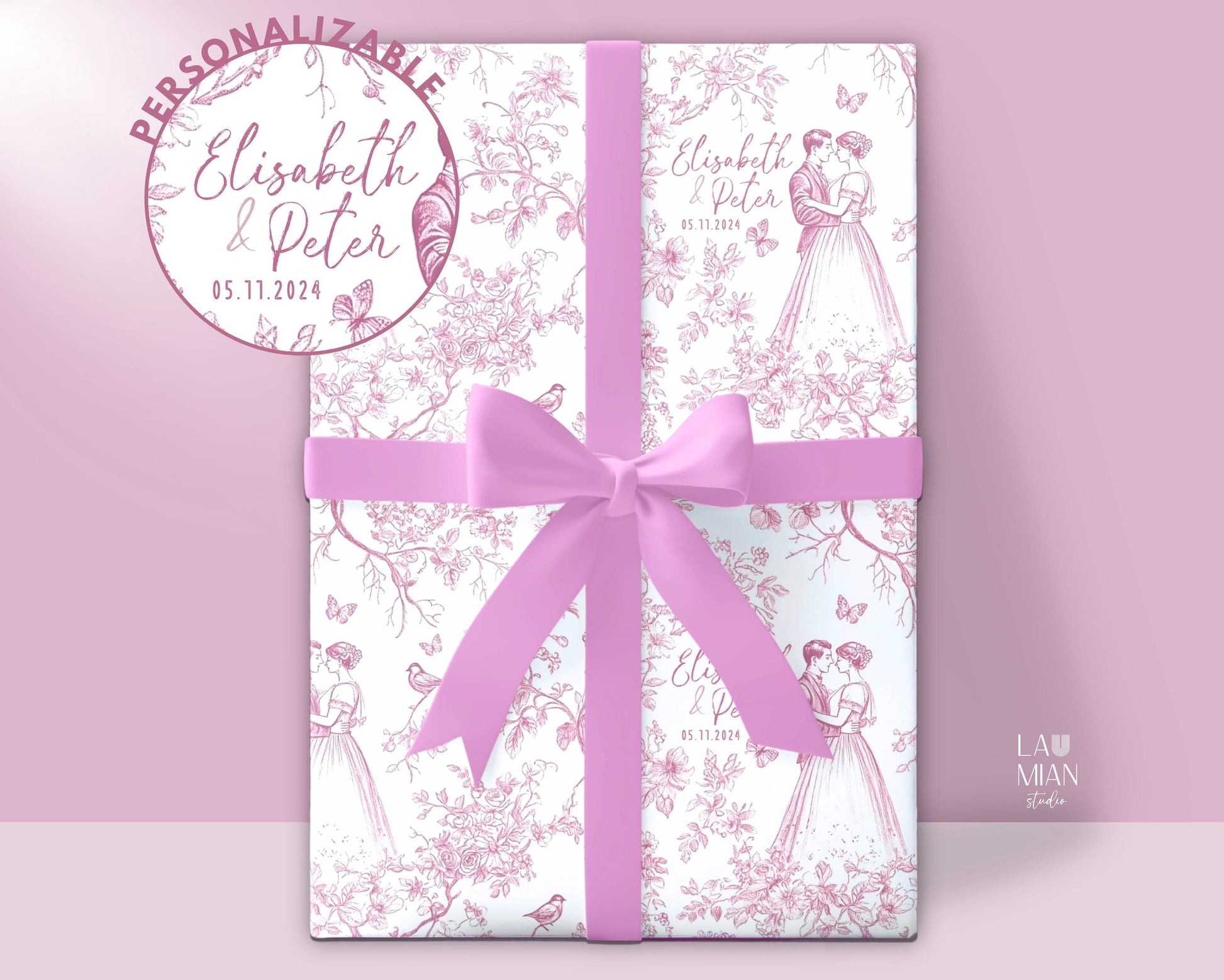 Personalized Pink Wedding Gift Wrap Pink Toile Floral Gift Wrap Luxury Bridal Shower Gift Paper - LAUMIANstudio