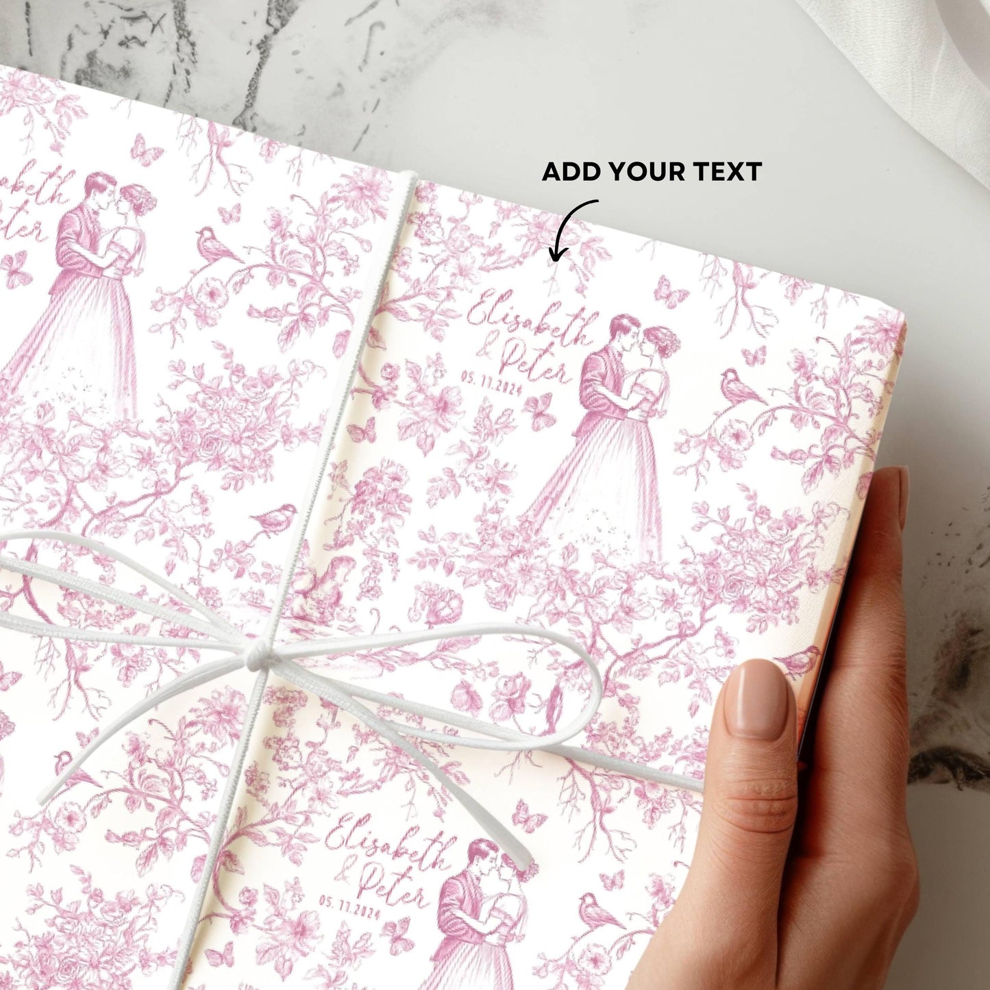 Custom Name Bride and Groom Gift Wrap Wedding Toile Pink Wrapping Paper Personalized Mr and Mrs Present Wrapping Paper Roll Long Chinoiserie - LAUMIANstudio