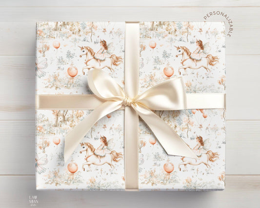 Custom Neutral Unicorn Wrapping paper Beige Gift Wrap Neutral Gift Wrap 3rd Birthday Wrapping Paper Roll with Name Birthday Party Wrap Fairy - LAUMIANstudio