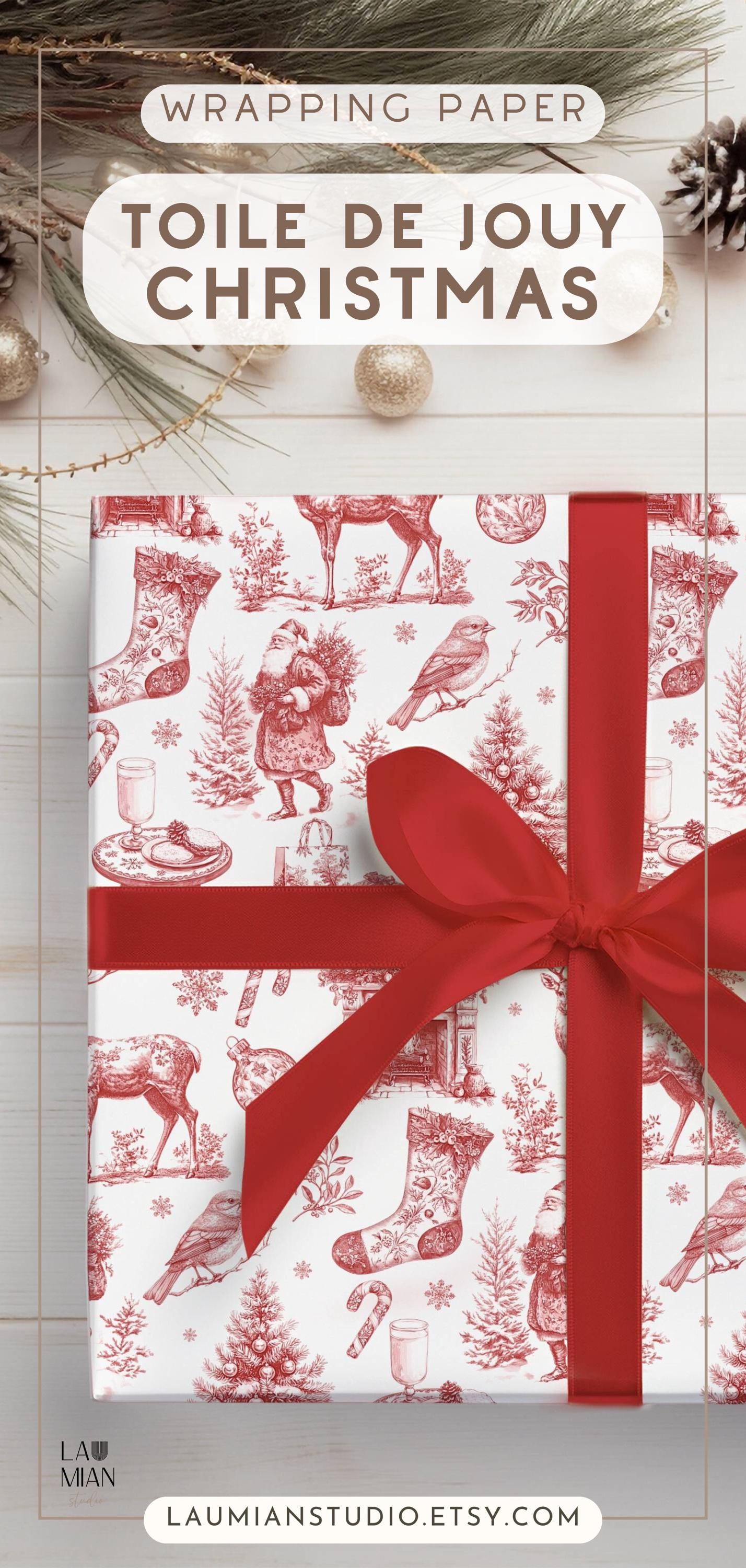 Red Christmas Toile Wrapping Paper Red Christmas Gift Wrap Classic Christmas French Toile Wrapping Paper Vintage Holiday Wrapping Paper - LAUMIANstudio