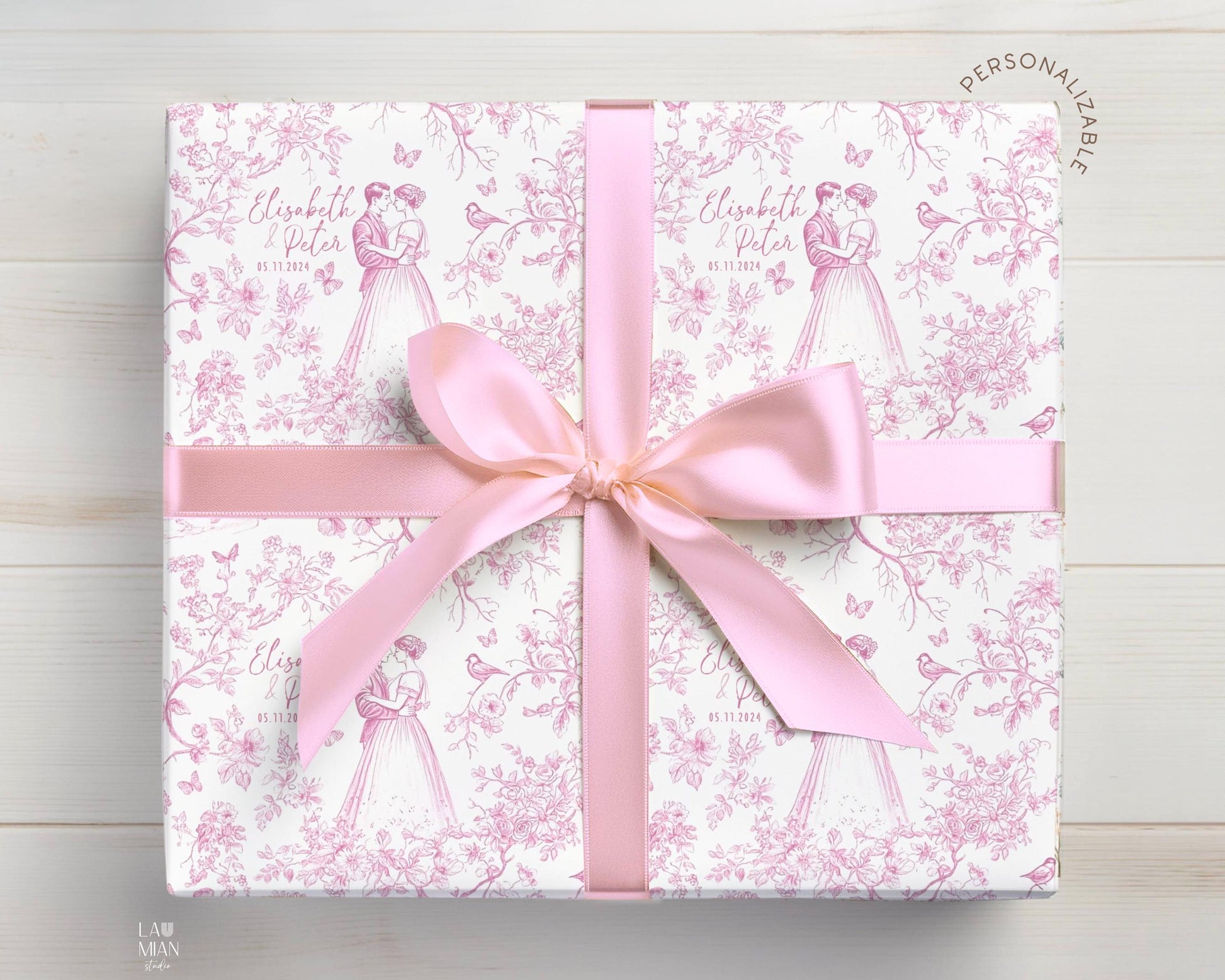 Custom Name Bride and Groom Gift Wrap Wedding Toile Pink Wrapping Paper Personalized Mr and Mrs Present Wrapping Paper Roll Long Chinoiserie - LAUMIANstudio