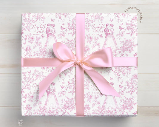 Custom Name Bride and Groom Gift Wrap Wedding Toile Pink Wrapping Paper Personalized Mr and Mrs Present Wrapping Paper Roll Long Chinoiserie - LAUMIANstudio
