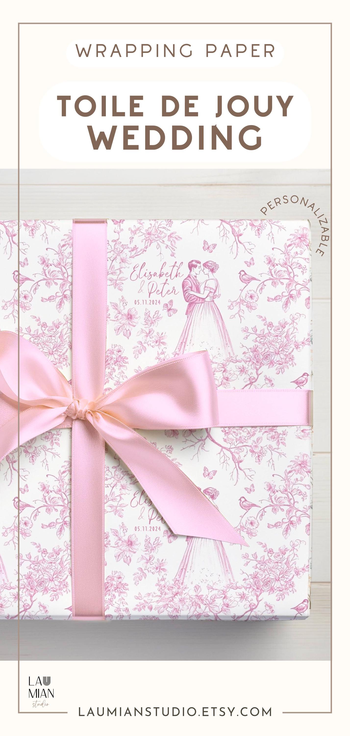 Custom Name Bride and Groom Gift Wrap Wedding Toile Pink Wrapping Paper Personalized Mr and Mrs Present Wrapping Paper Roll Long Chinoiserie - LAUMIANstudio
