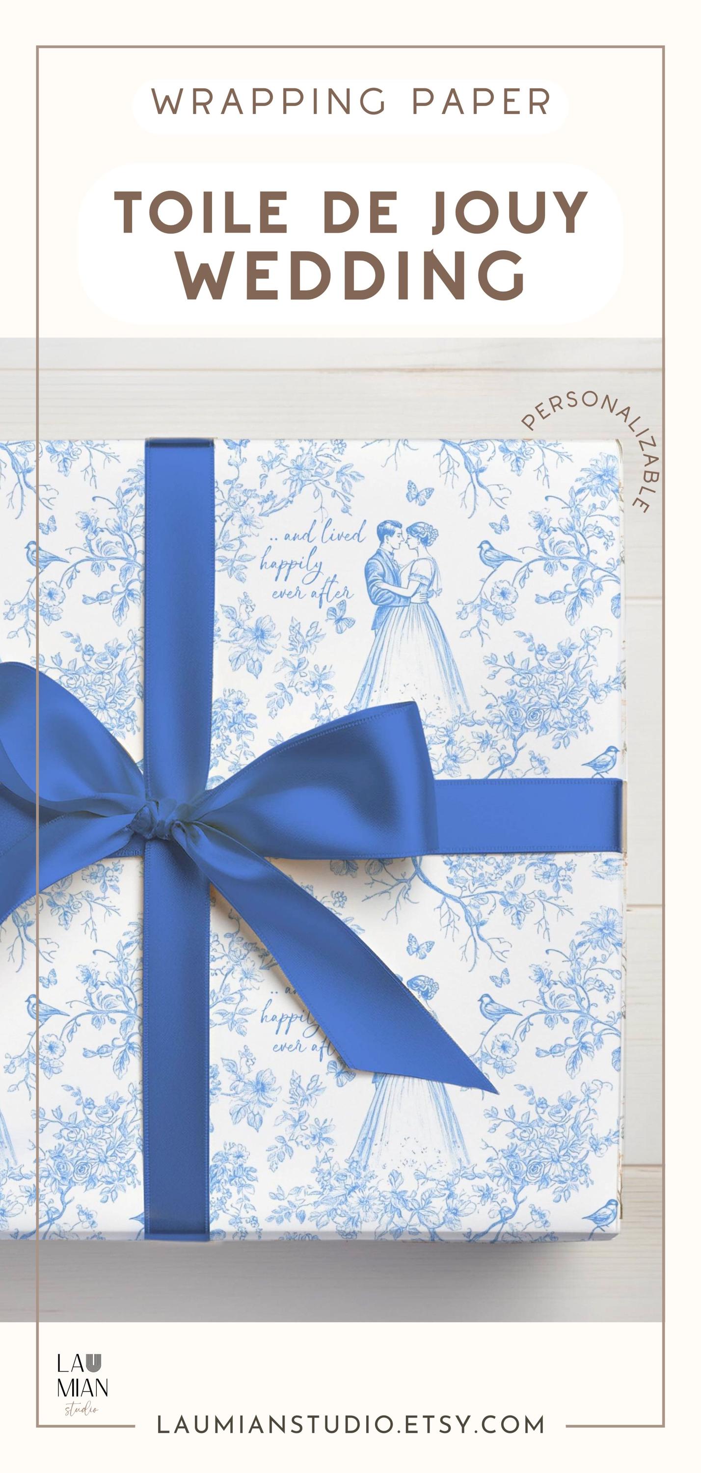 Bride and Groom Name Gift Wrap Happily Ever After Wrapping Paper Roll Blue Toile Floral Wedding Paper - LAUMIANstudio